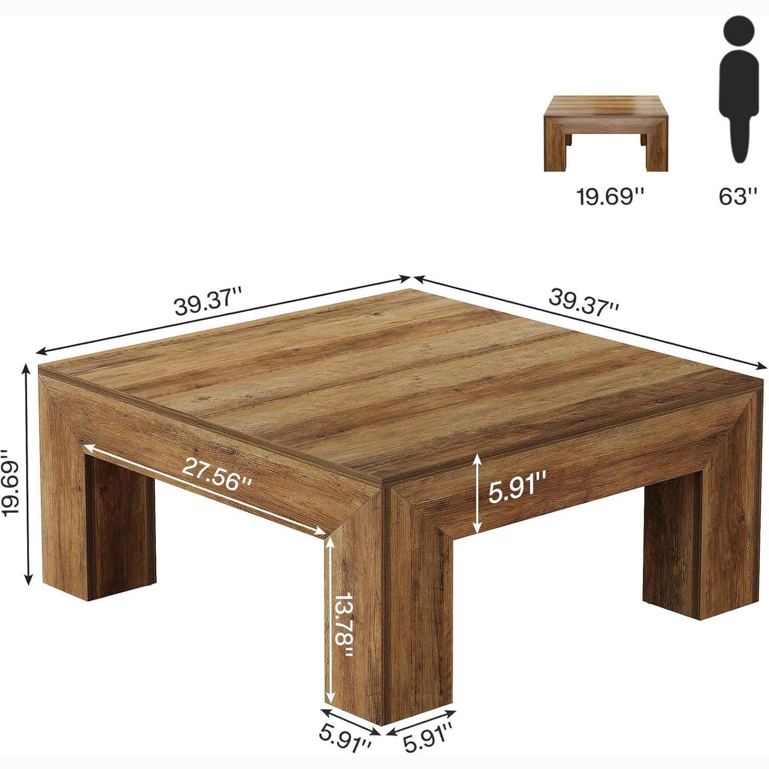 Tribesigns Vierkante Salontafel 100 cm, Landelijke Centertafel voor Woonkamer