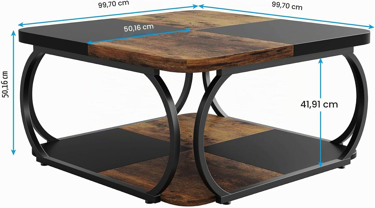 100 cm Tribesigns vierkante salontafel met 2 niveaus, rustieke tafel met houten opbergplank en gebogen metalen frame