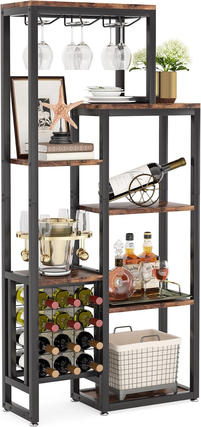 80 cm Vrijstaand Wijnrek, 5 Laags Industrieel Design met Glas Houder in Bruin