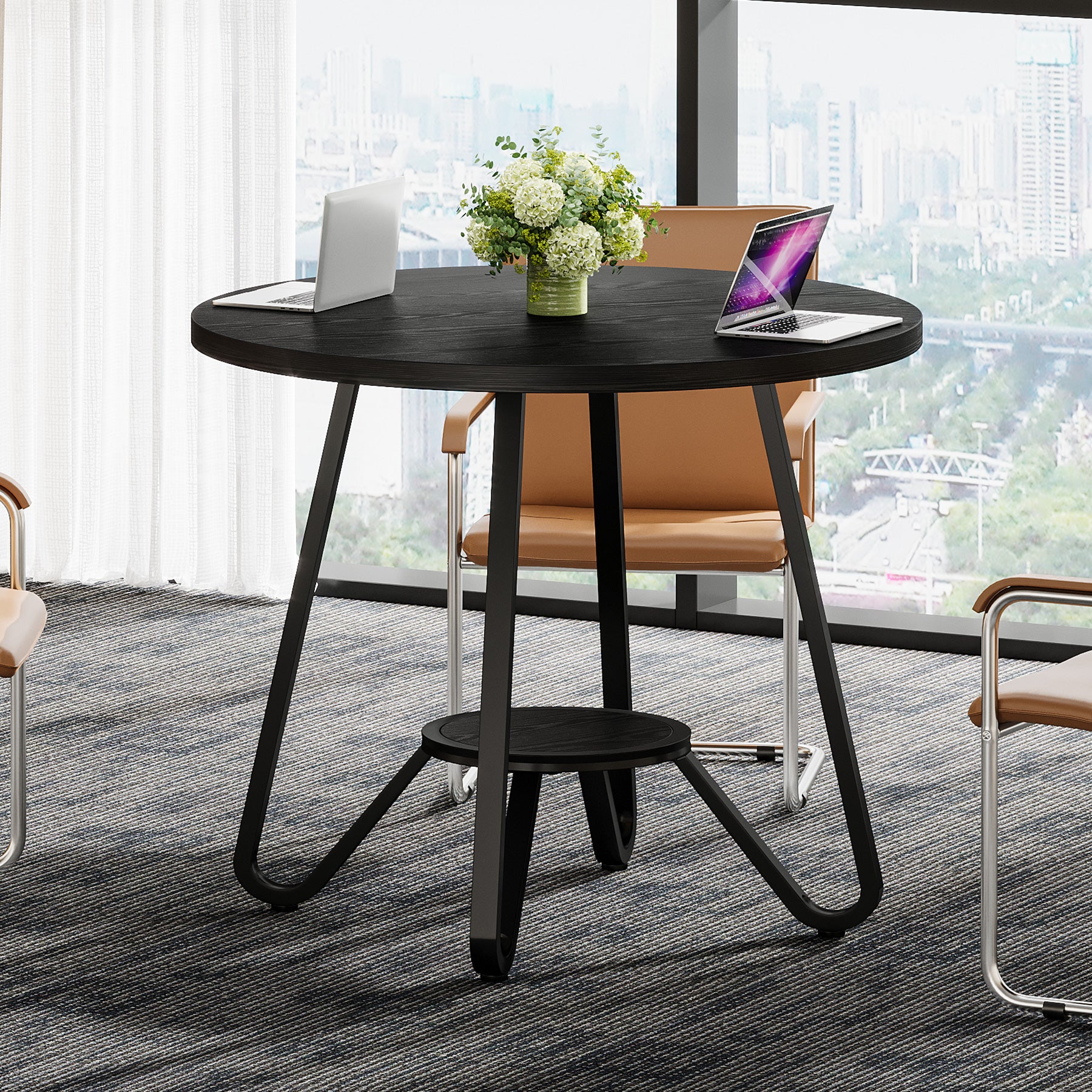 80 x 80 x 75 cm Ronde Conferentietafel voor 2-4 Personen, Compacte Houten Kantoortafel Bruin