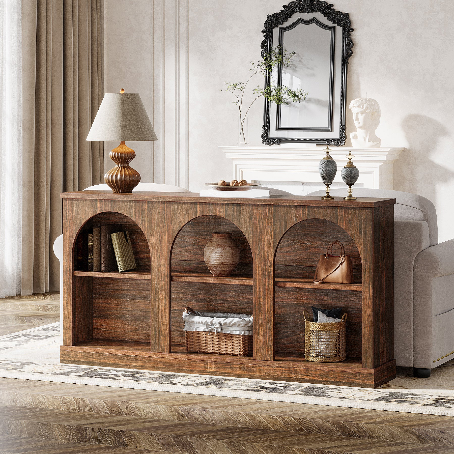 160 cm Boerderij Console, Lange Houten Tafel met Drie Planken voor Hal en Woonkamer