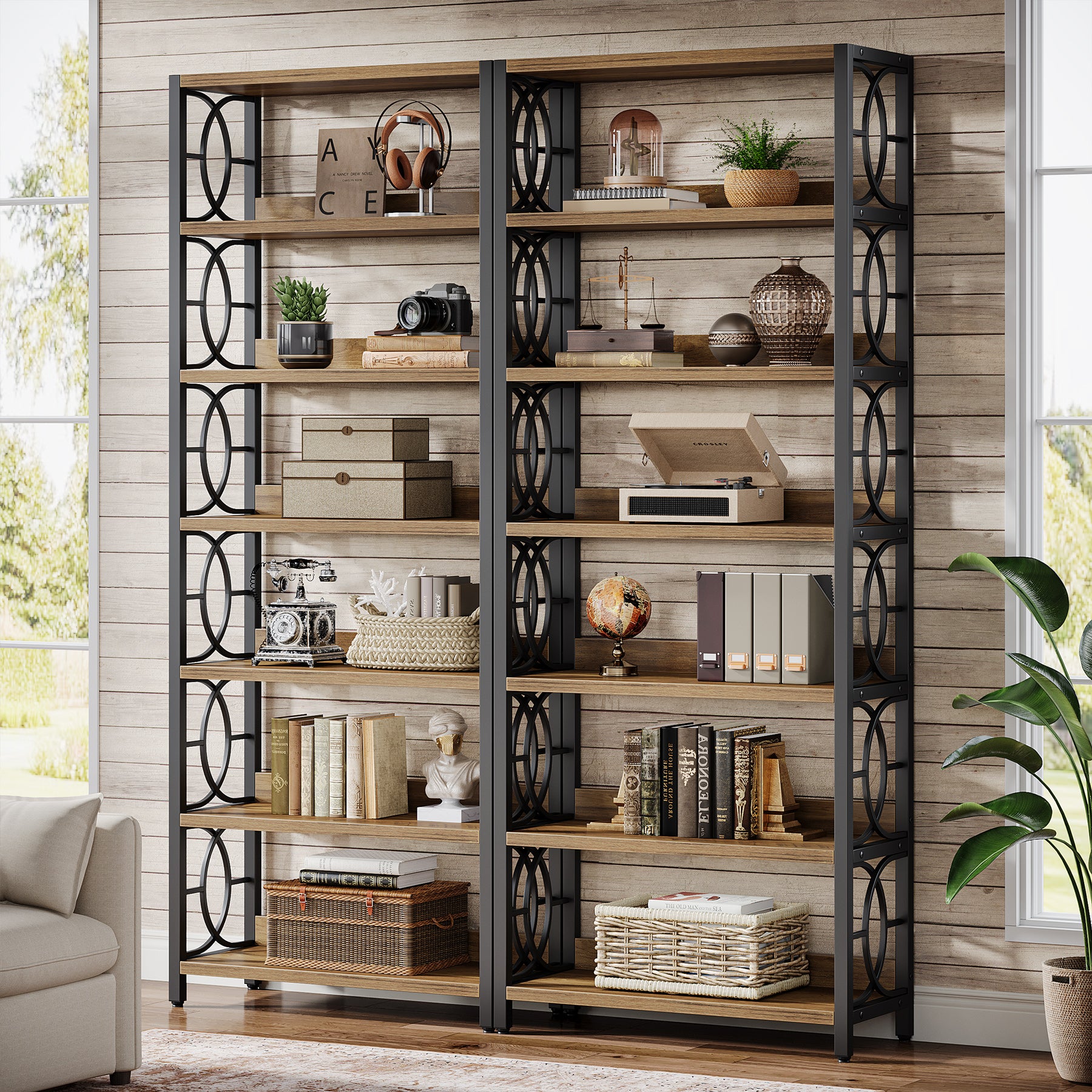180 cm Boekenkast met 6 Niveaus, Industrieel Vrijstaand Displayrek met Metalen Frame