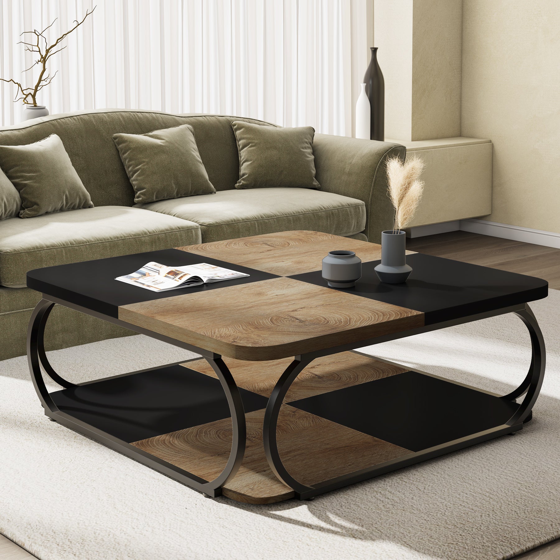 100 cm Vierkante Salontafel met Dubbele Planken, Landelijke Tafel met Metal Frame
