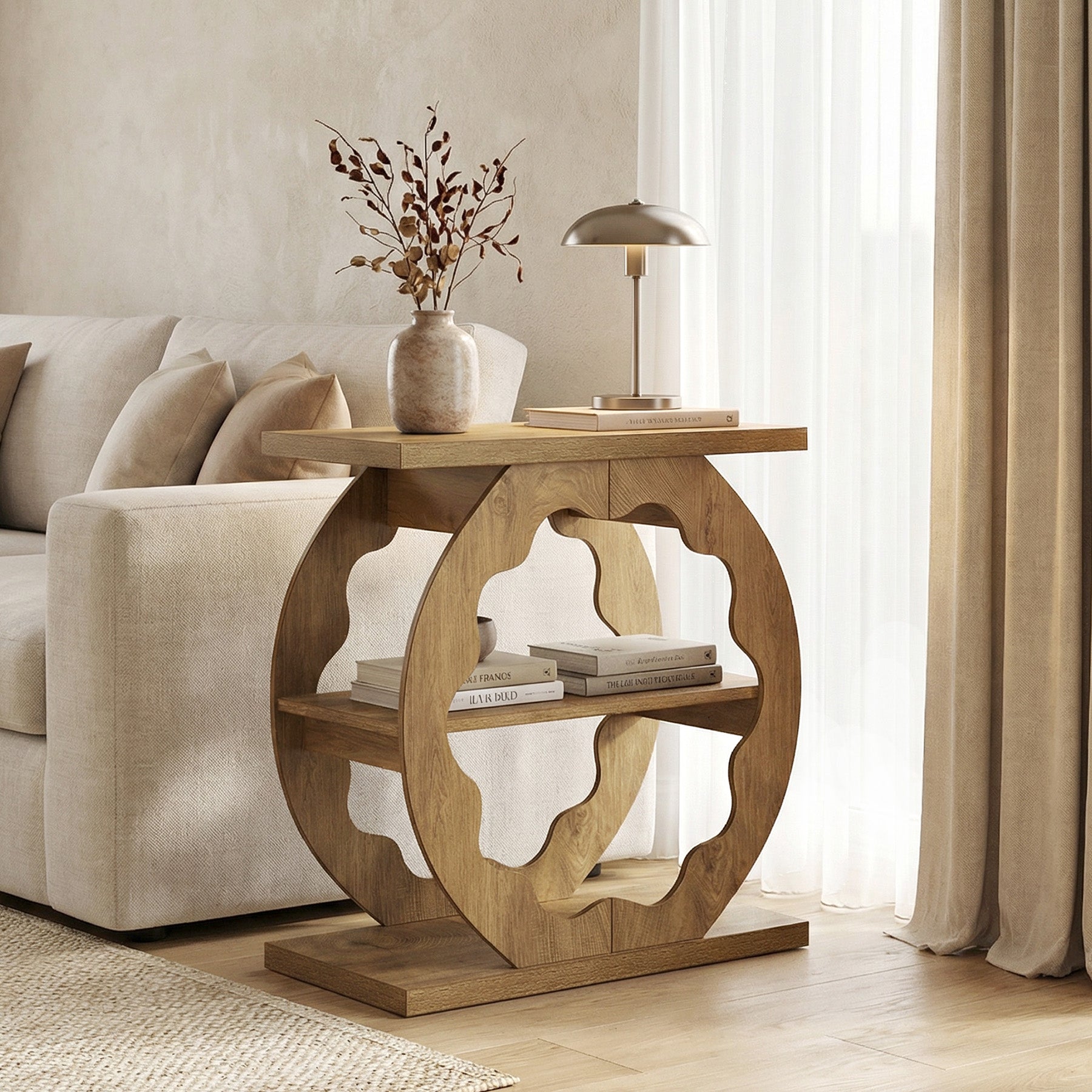 60 cm Smalle Bijzettafel met 3 Niveaus en Opbergrek, Houten Tafel voor Slaapkamer en Kleine Ruimtes