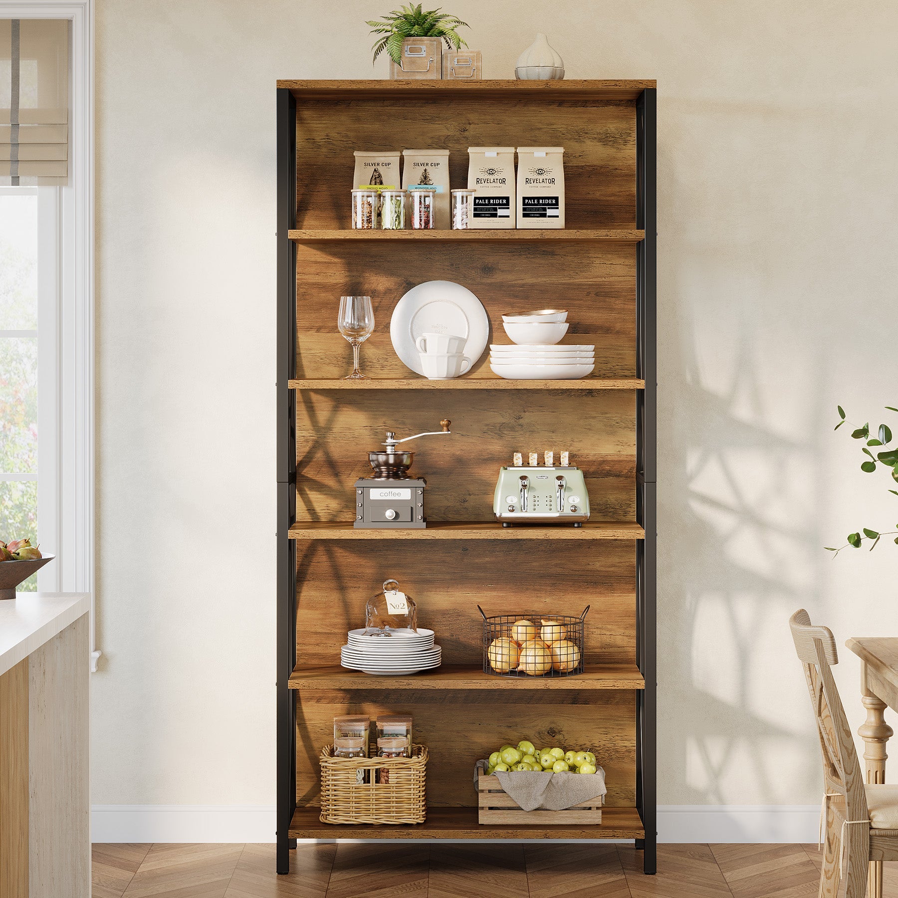 6-lags Boekenkast, 180 cm Industriële Boekenkast met Geometrisch Metalen Frame
