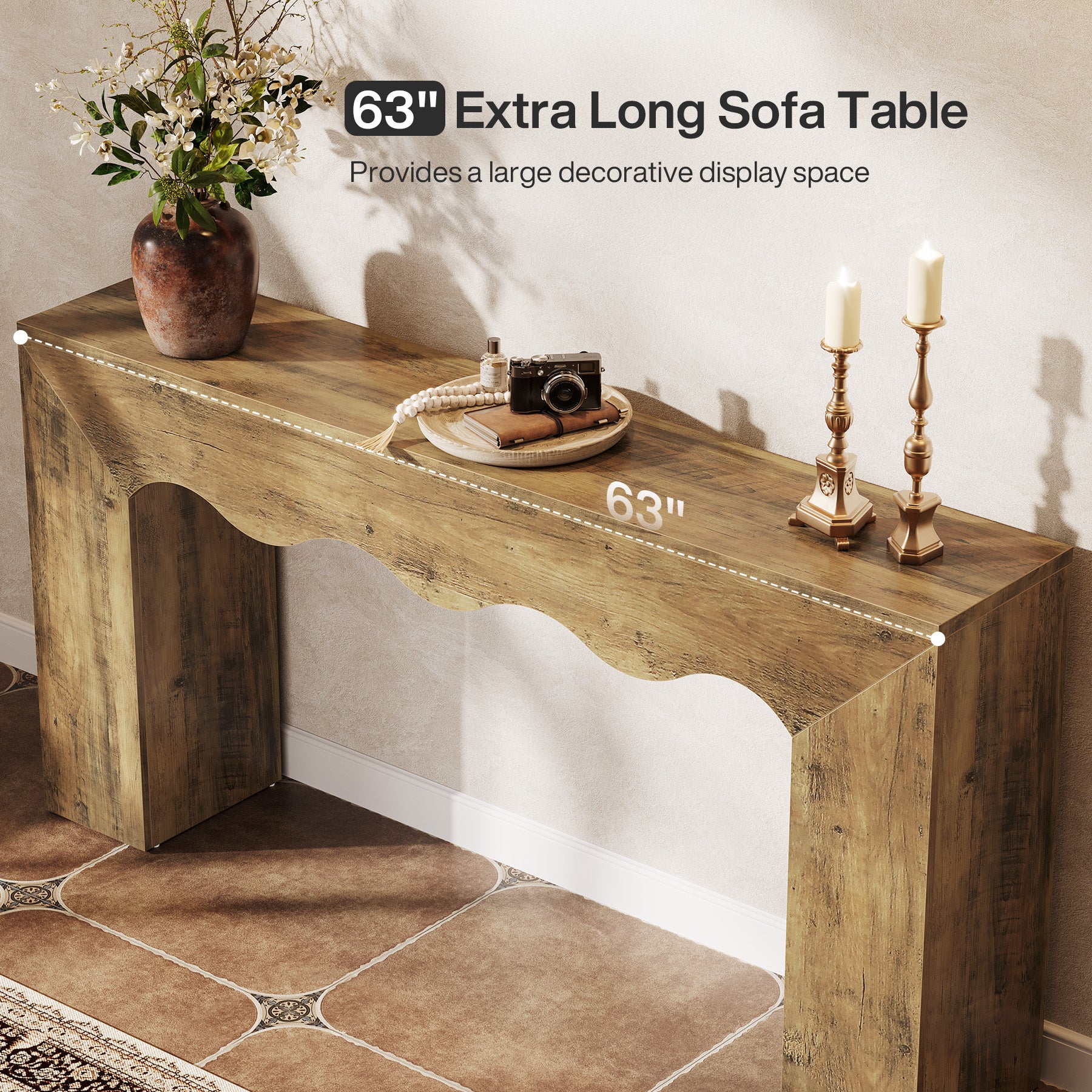 160 cm Consoletafel met Golvende Rand, Landelijke Smalle Haltafel met Opbergruimte voor Woonkamer Entree