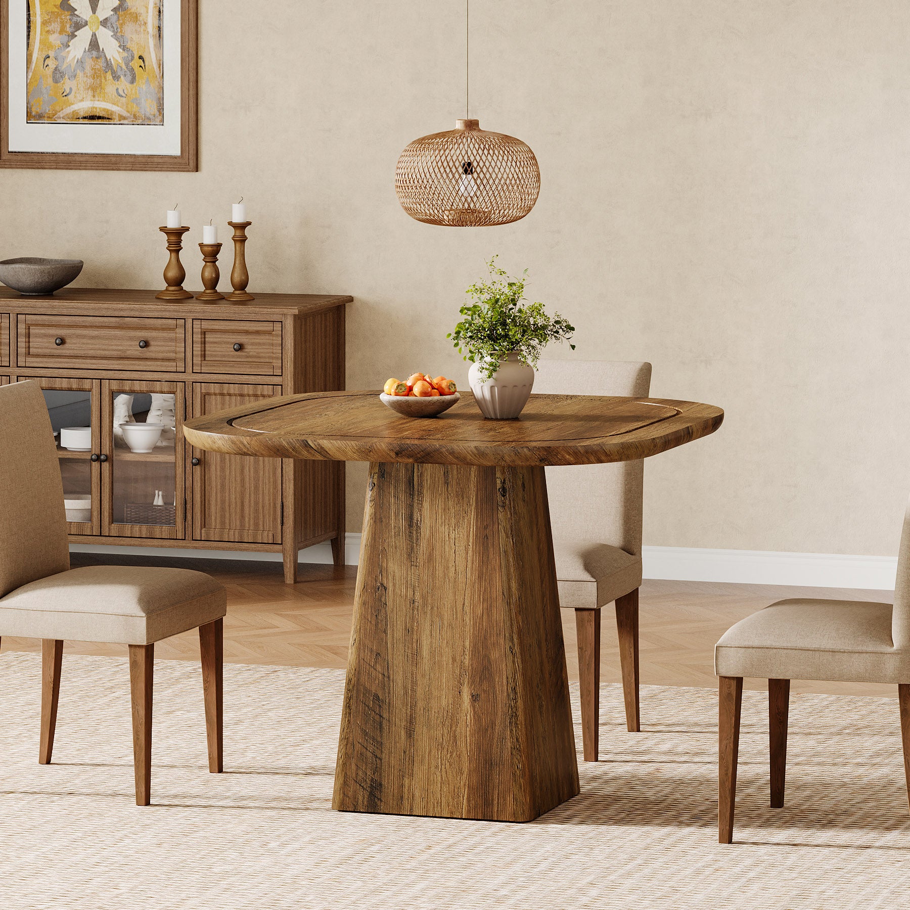 80 cm Vierkante Eettafel voor 2-4 Personen, Landelijke Keukentafel met Centrale Voet