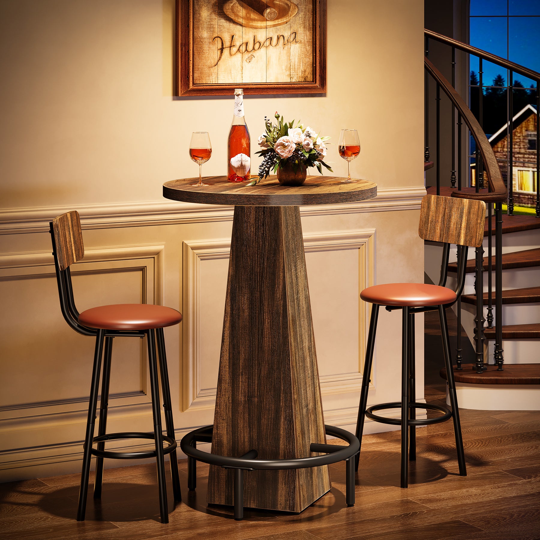 95 cm Ronde Bartafel met Metalen Voetring, Houten Bistro Statafel