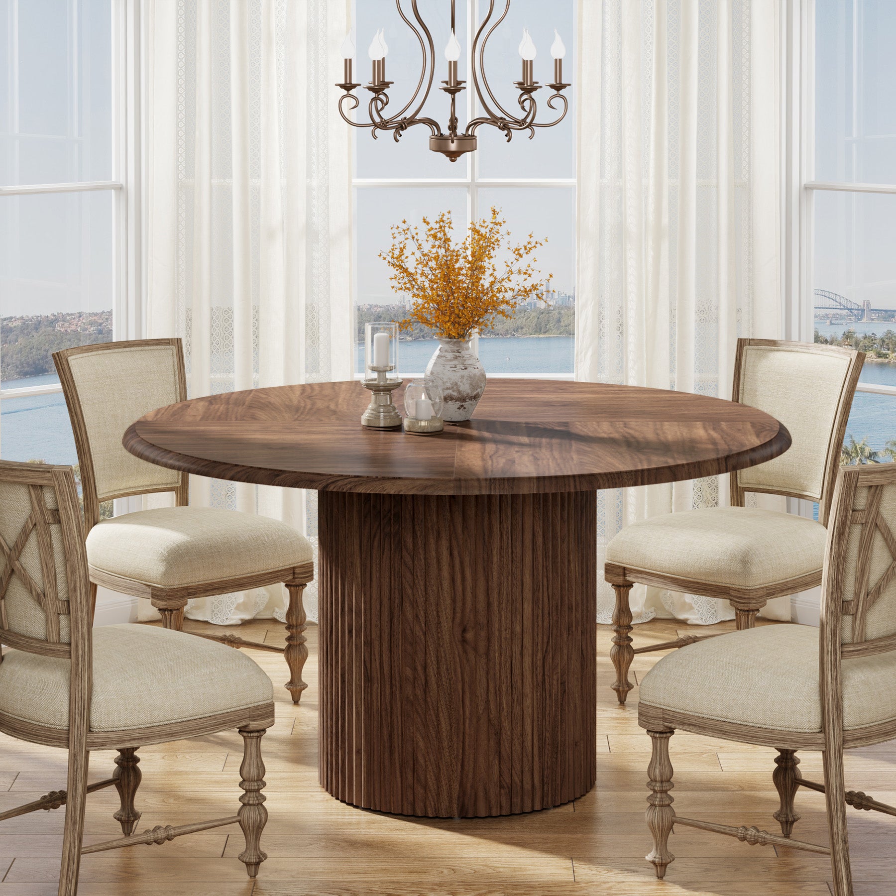 Ronde Eettafel, 120 cm Farmhouse Keukentafel met Metalen Basis voor 4 Personen