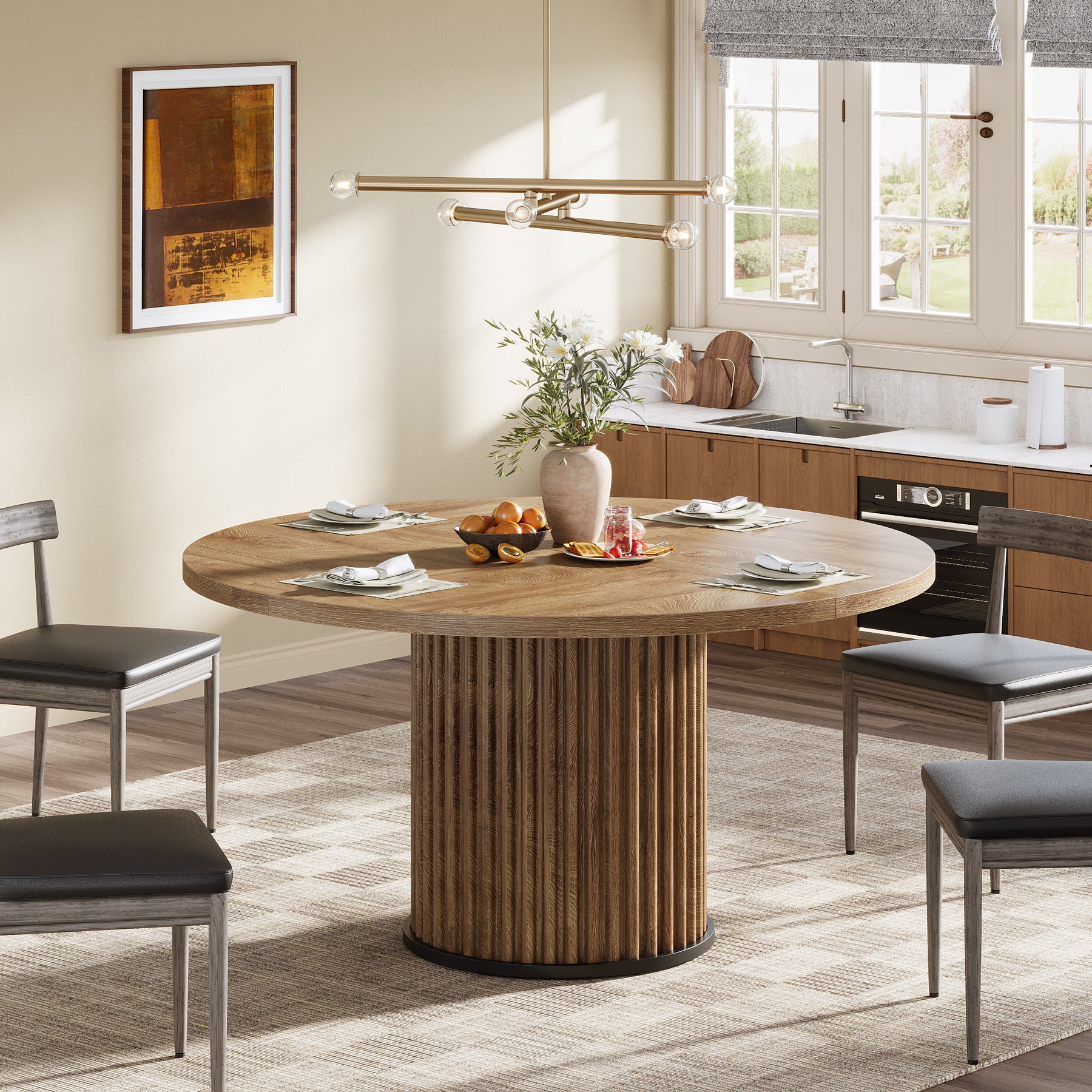 120 cm Zwarte Ronde Eettafel voor 4-6 Personen, Moderne Keukentafel met Metalen Basis