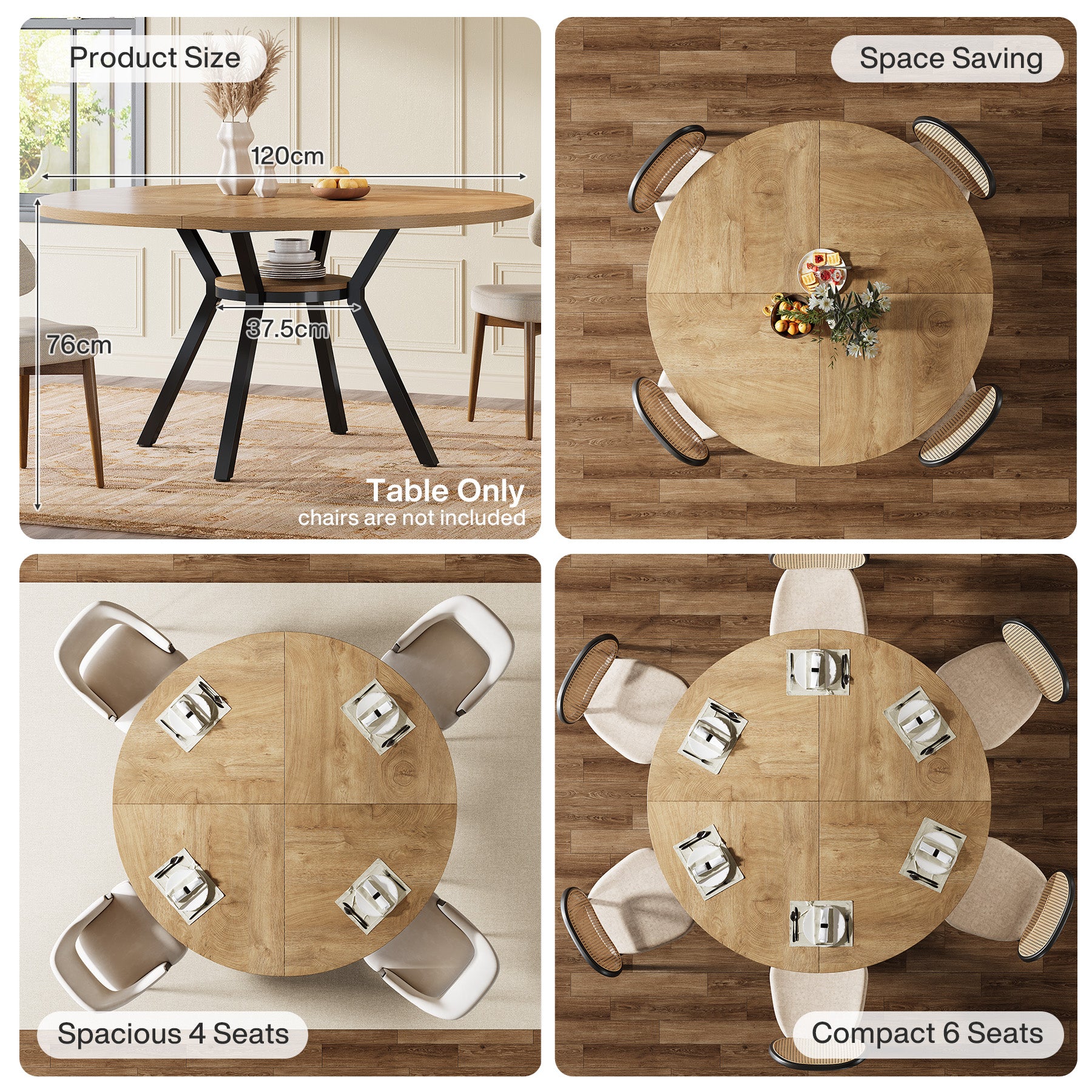 120 cm Eettafel voor 4-6 Personen, Ronde Tafel met Opbergruimte