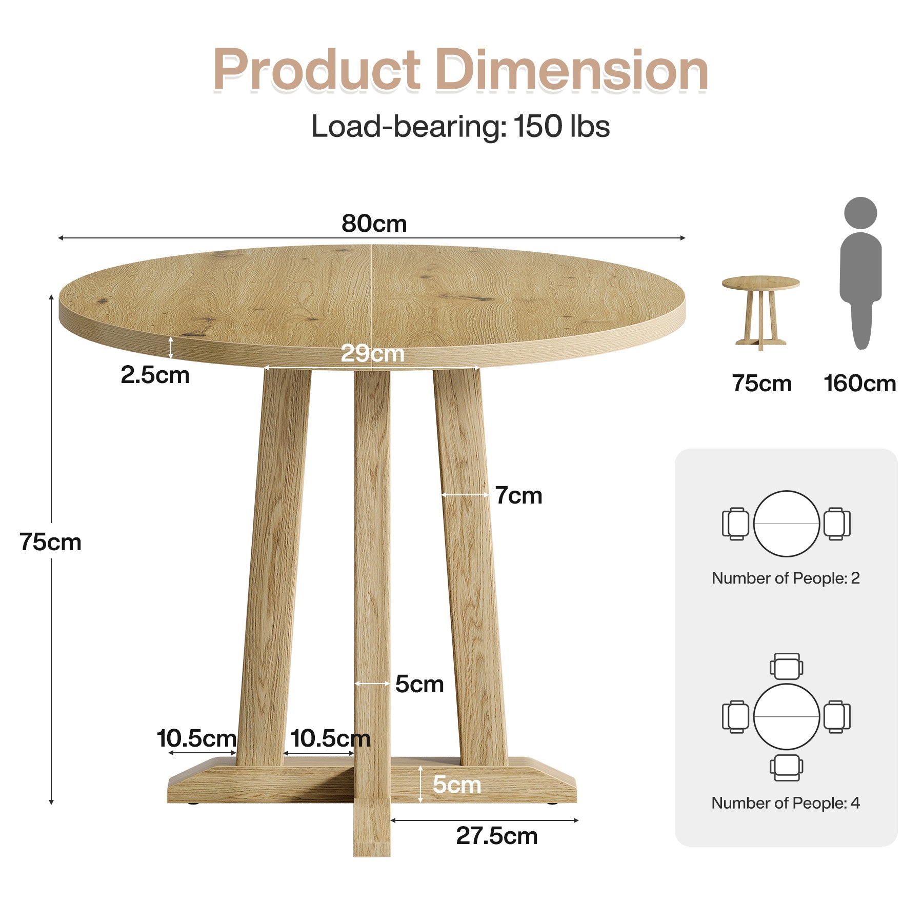 Tribesigns 80 cm Kleine Vergadertafel voor 2-4 Personen, Ronde Tafel met Stevige Pedestal