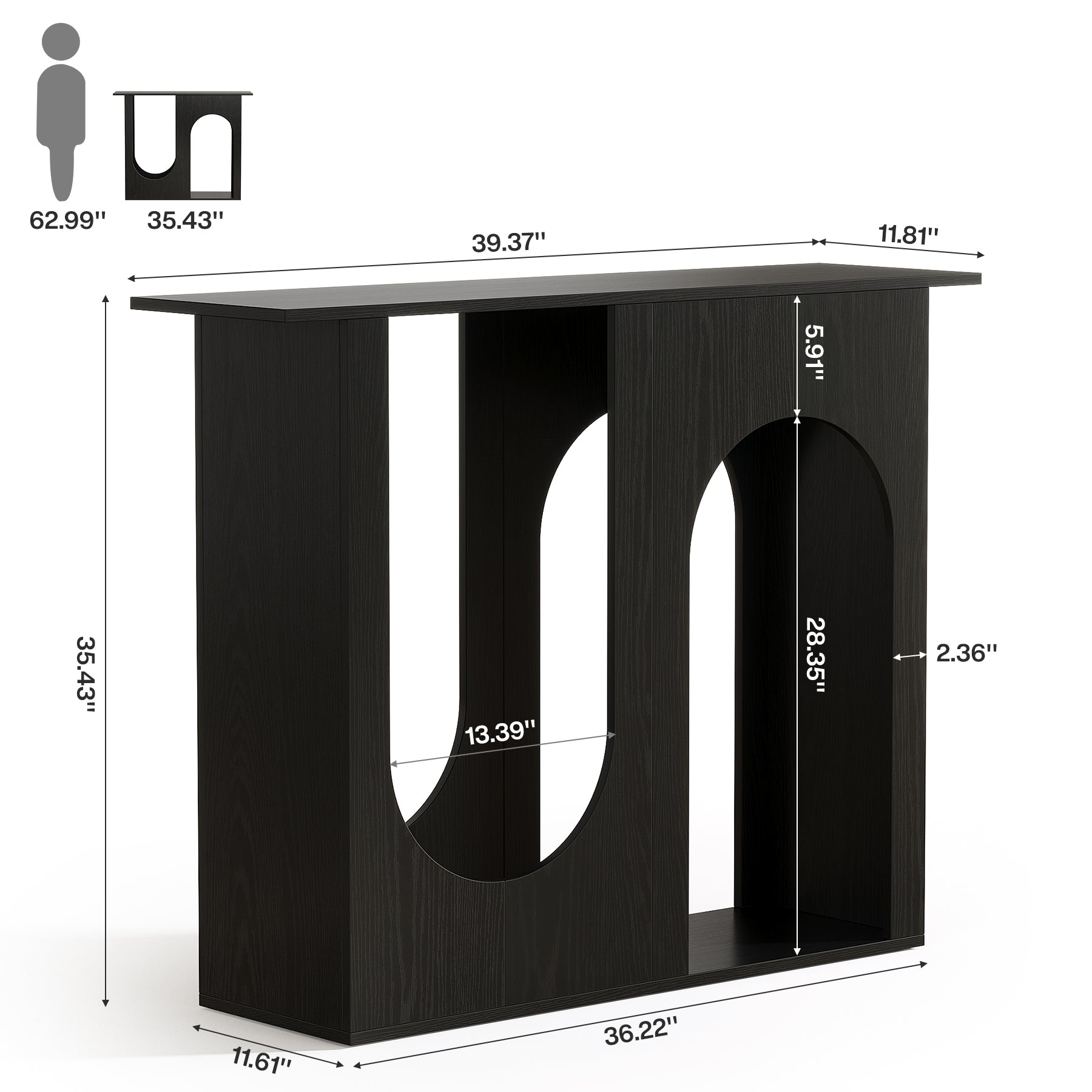 100 cm Zwarte Banktafel, Smalle Consoletafel met Gebogen Design voor Entree en Woonkamer
