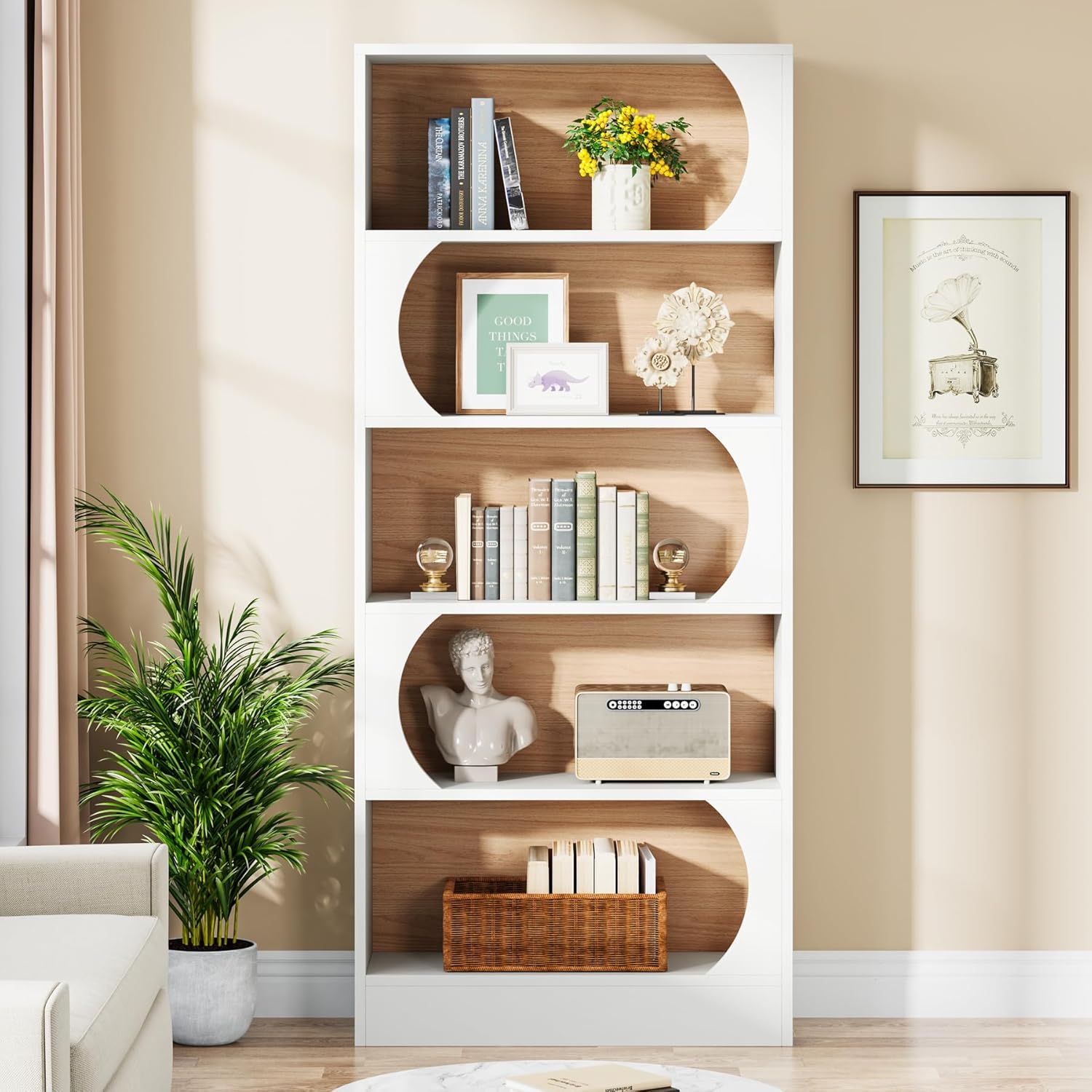 180 cm Tribesigns Boekenkast, Moderne Witte Boekenplank met Gebogen Frame voor Woonkamer