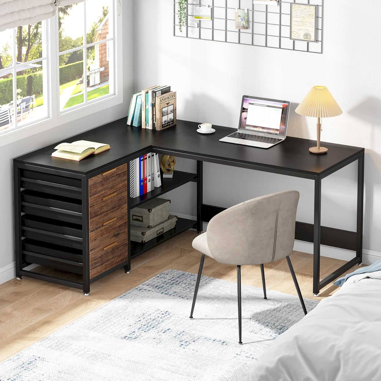 150 cm L-vormig Bureau, Met 4 Laden en 2 Planken voor Kantoor en Werkkamer
