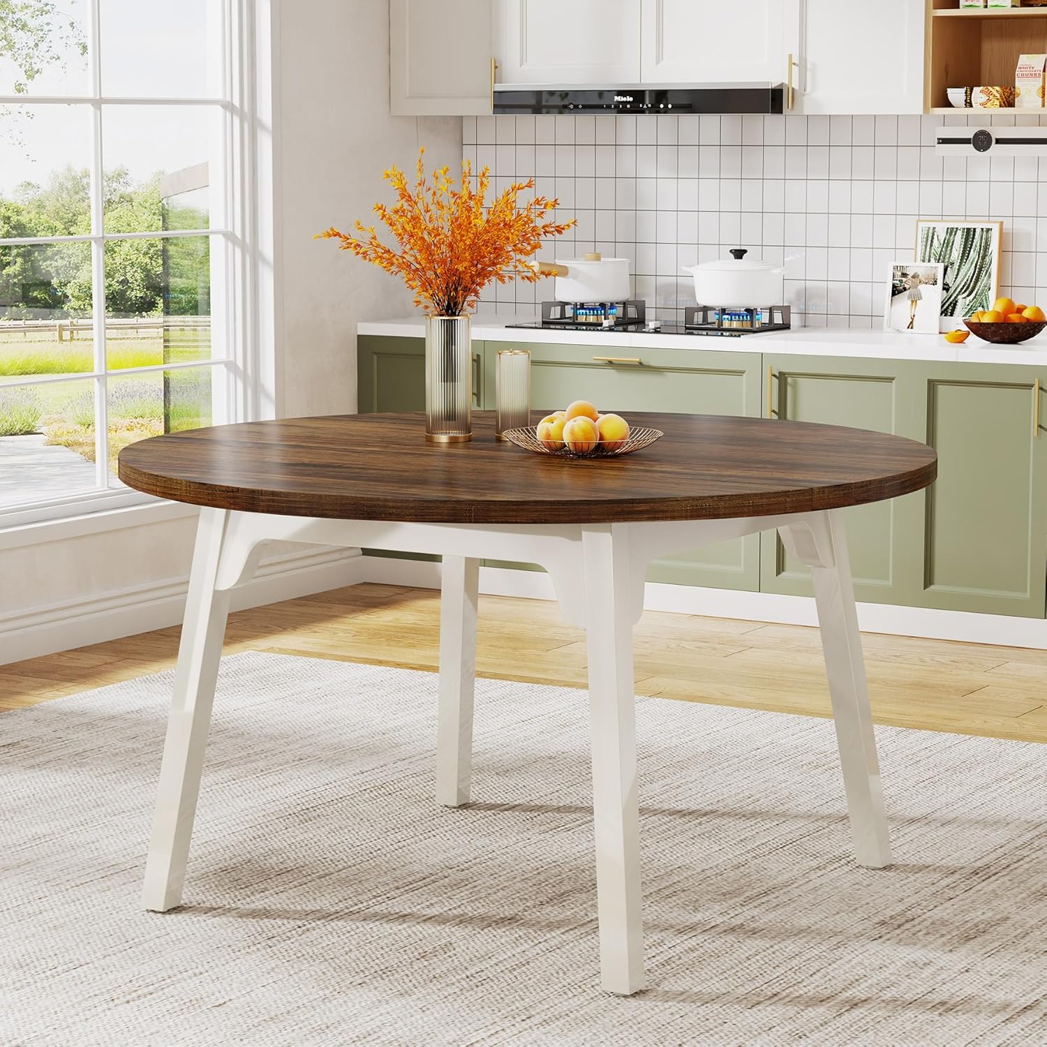 Tribesigns 120 cm Ronde Industriële Eettafel Wit Blad Massief Houten Poten