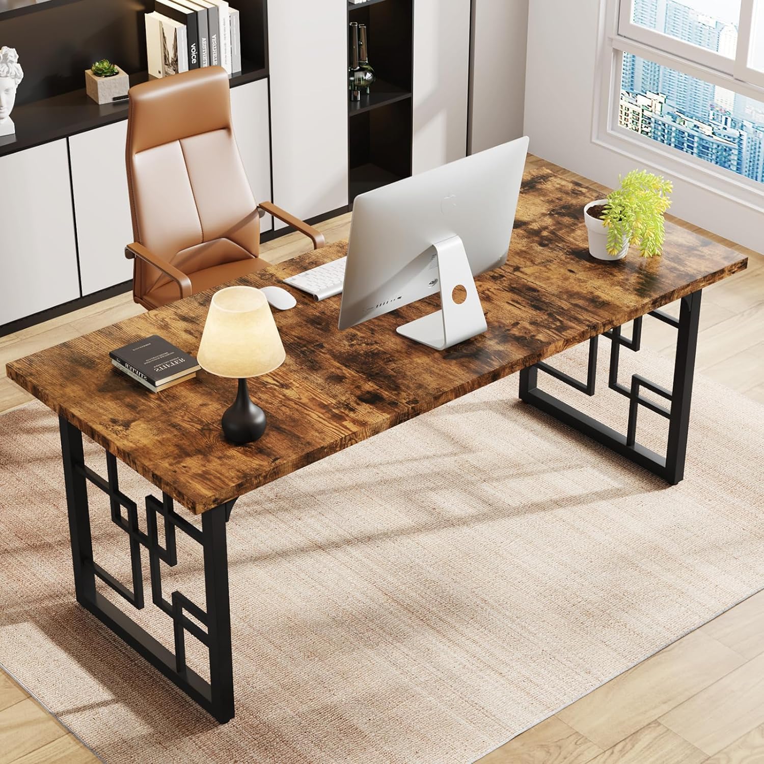Industrieel Bureau 160 cm, Vintage Bruin en Zwart Werkblad met Metalen Frame