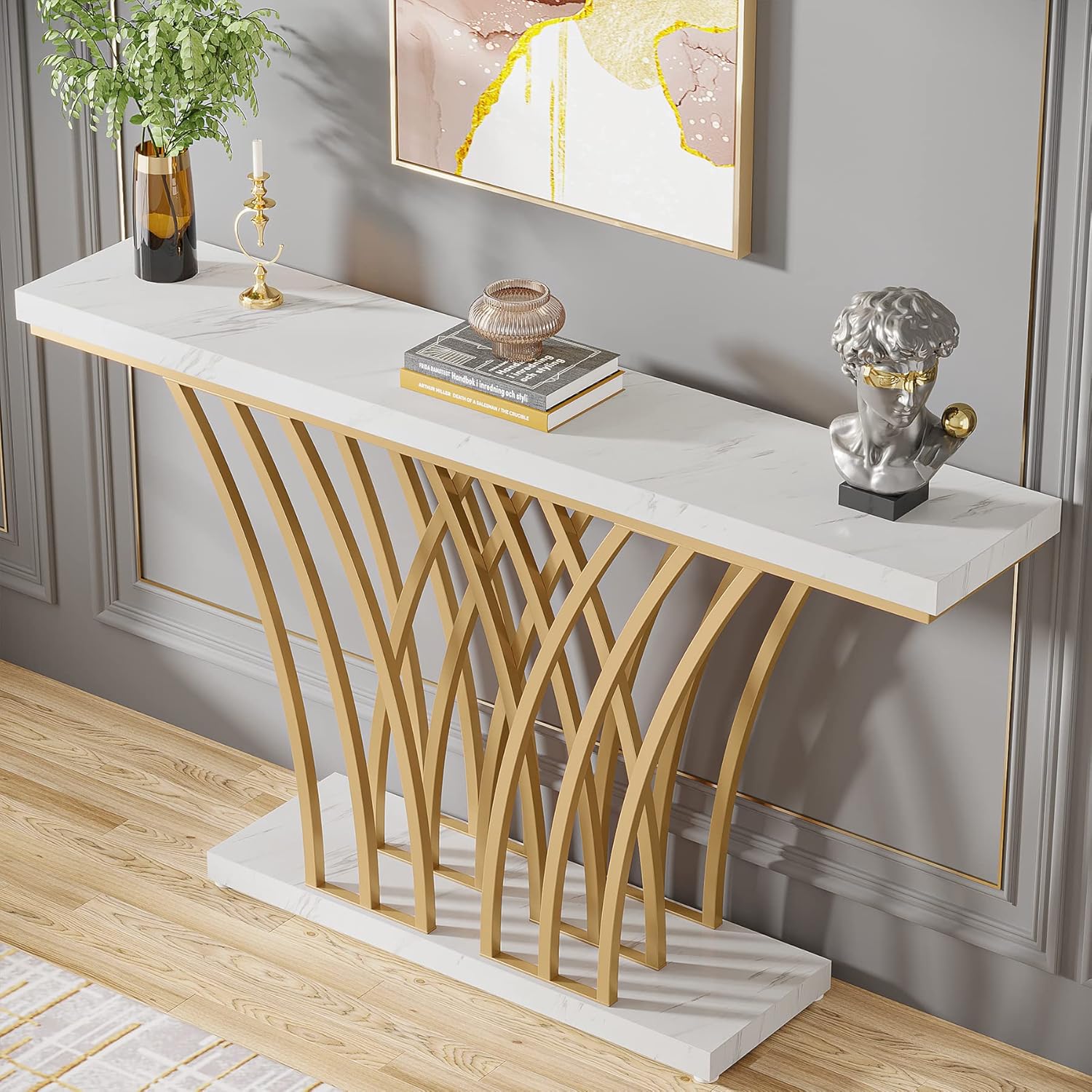 150 cm Gouden Consoletafel, Moderne Entreetafel met Raster Basis voor Hal en Woonkamer