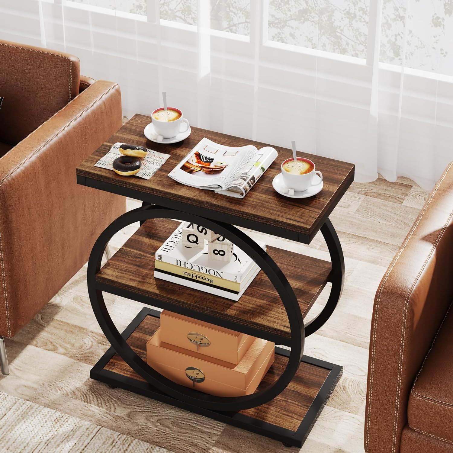 Industriële Bijzettafel met Drie Planken, Smalle Houten Zijtafel met Zwarte Metalen Frame
