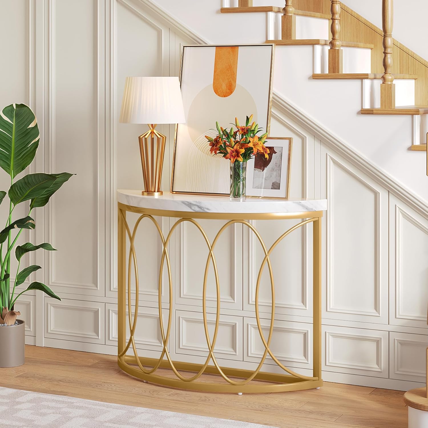 110 cm Gouden Consoletafel, Moderne Bijzettafel met Halvemaan Frame voor Woonkamer
