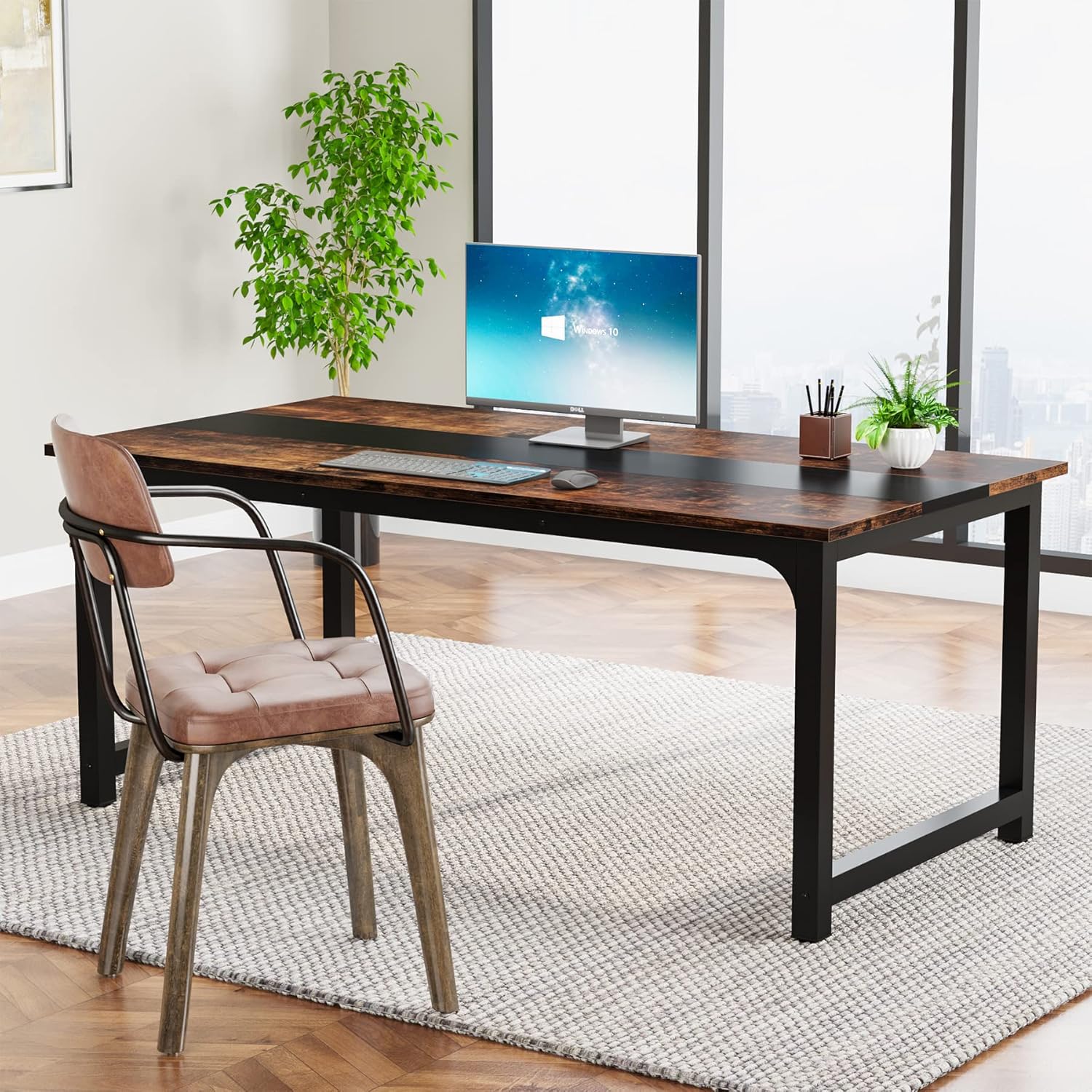160x80 cm Computerbureau, Ruime Werkplek in Vintage Bruin en Zwart