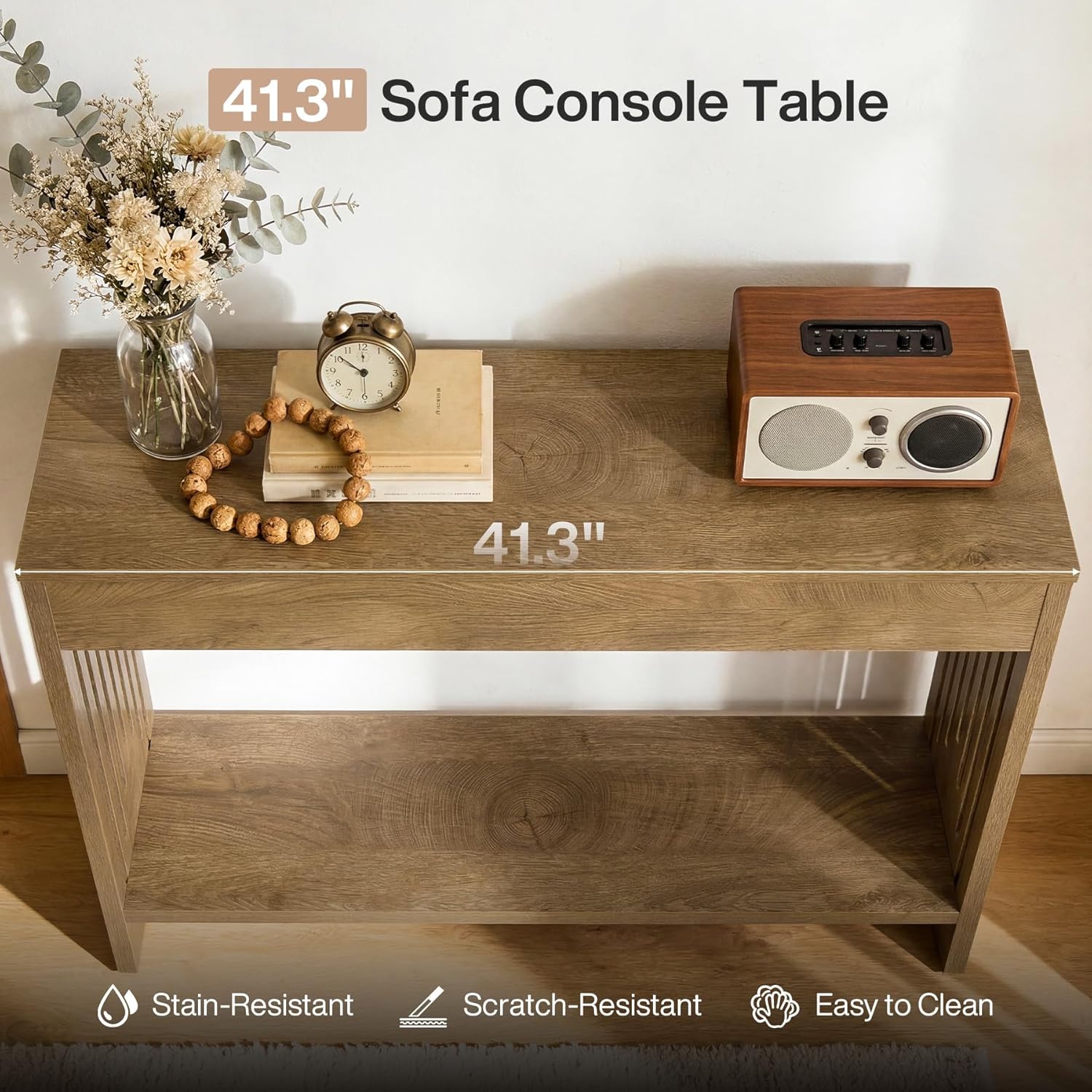 105 cm Smalle Consoletafel met 2 Lagen Opslag, Landelijke Haltafel met Gefreesde Poten