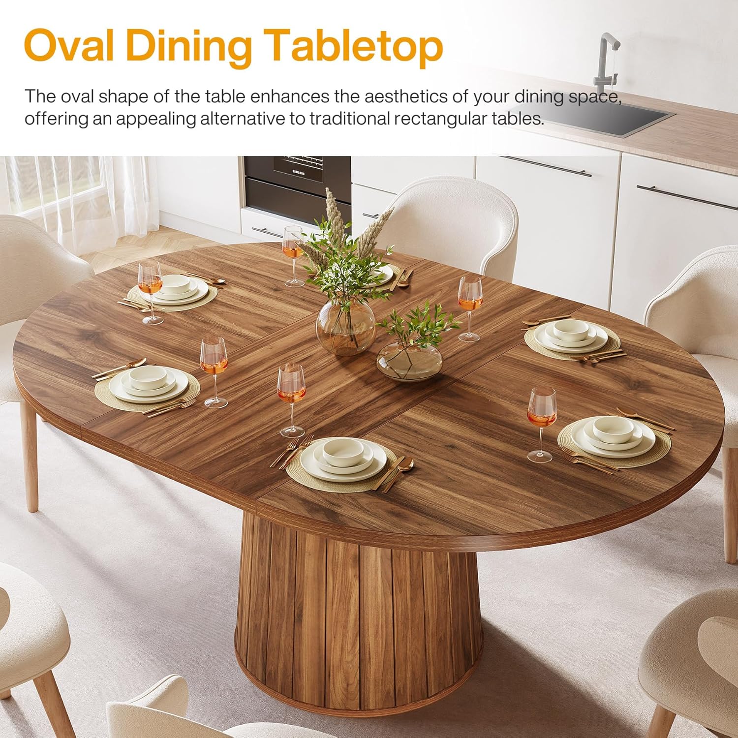 140 cm Ovale Eettafel voor 6 Personen, Boerderijstijl met Houten Blad en Cilindrische Basis in Bruin