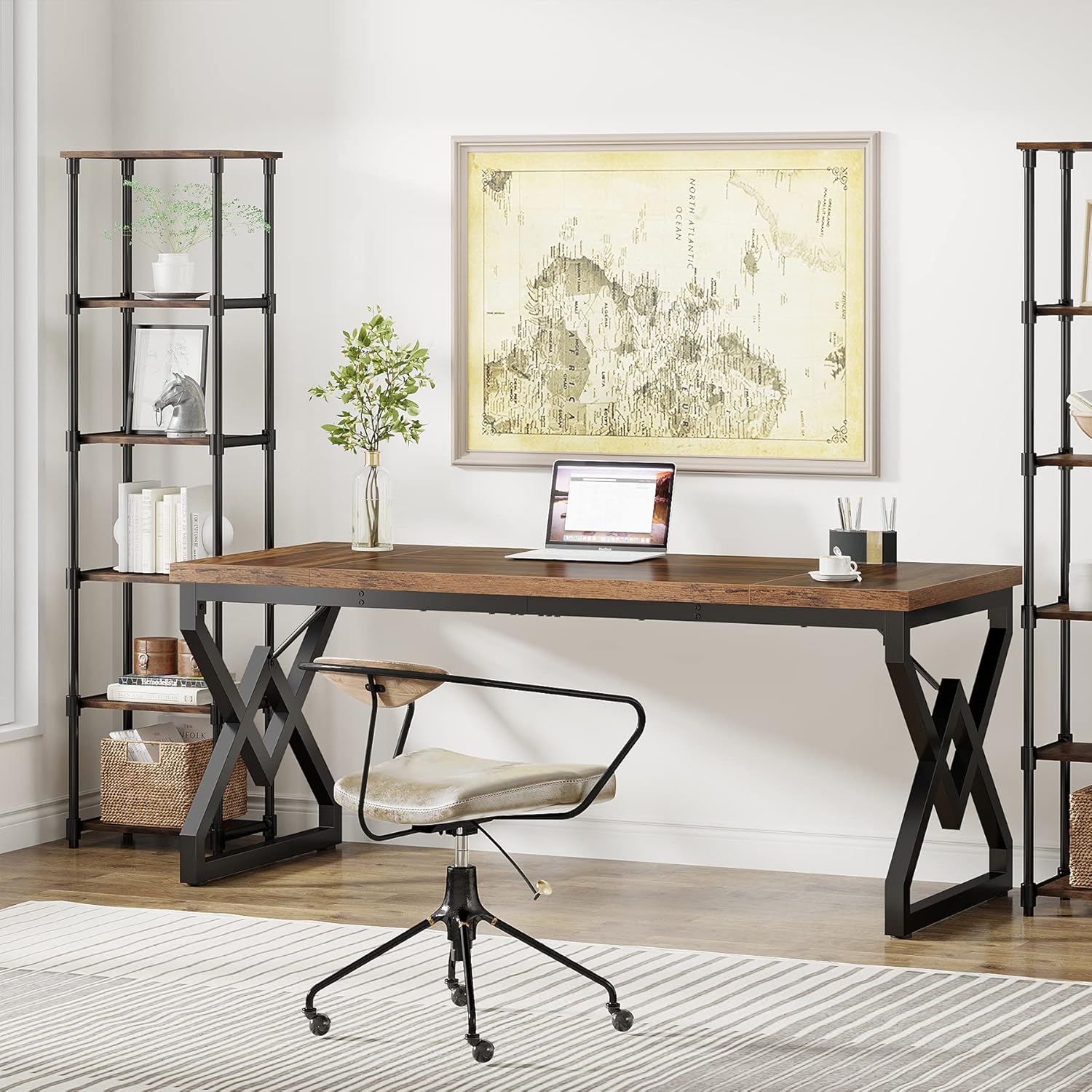 160x70 cm Computertafel, Extra Dik Houten Blad en Metalen Onderstel