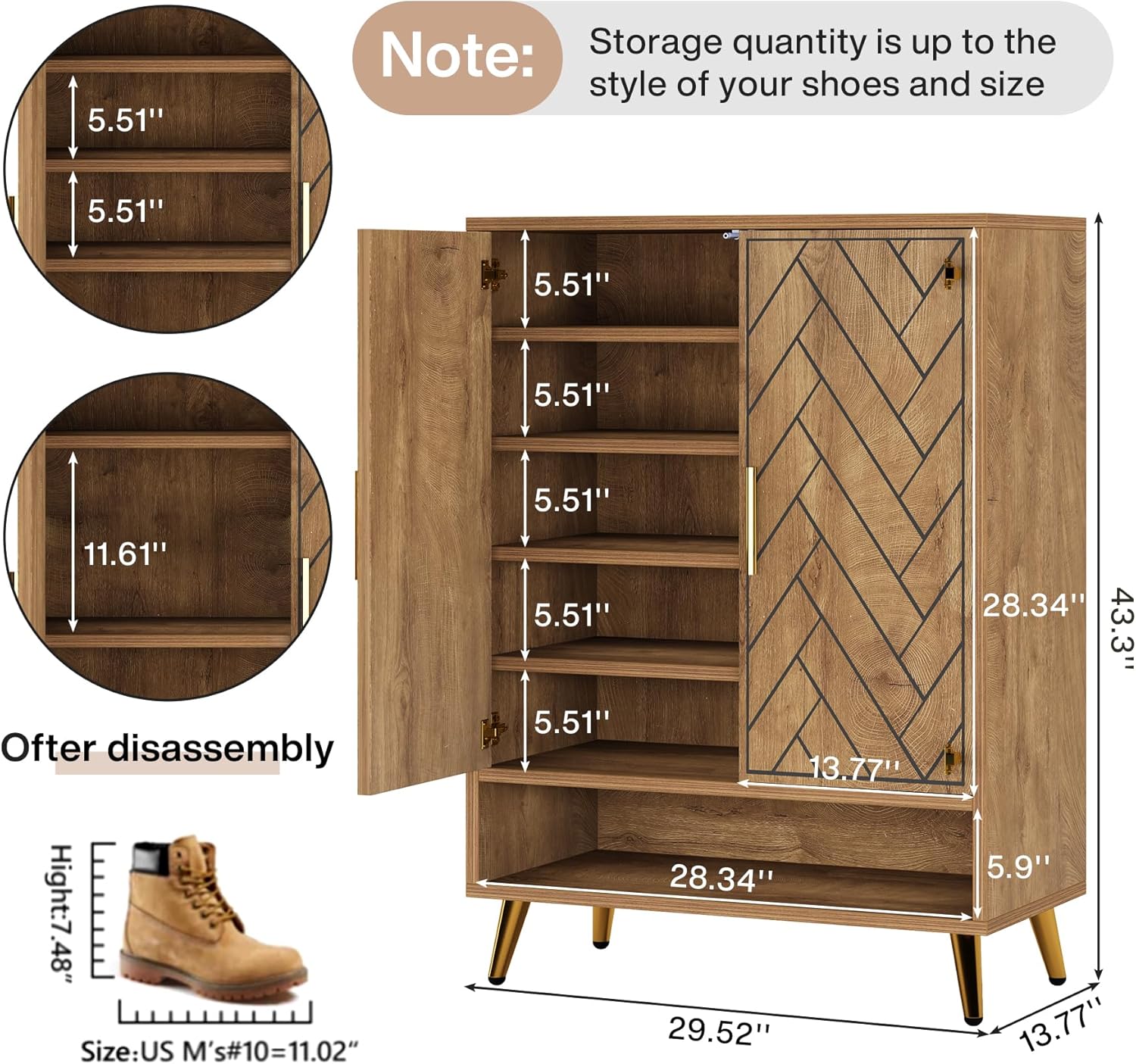 110 cm Schoenenkast met Deuren, Notenhouten Opbergmeubel met Zes Planken voor Hal en Slaapkamer