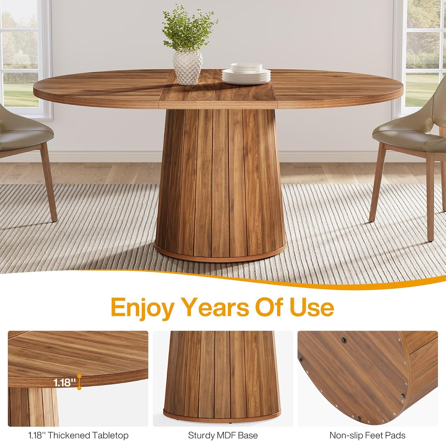 140 cm Ovale Eettafel voor 6 Personen, Boerderijstijl met Houten Blad en Cilindrische Basis in Bruin