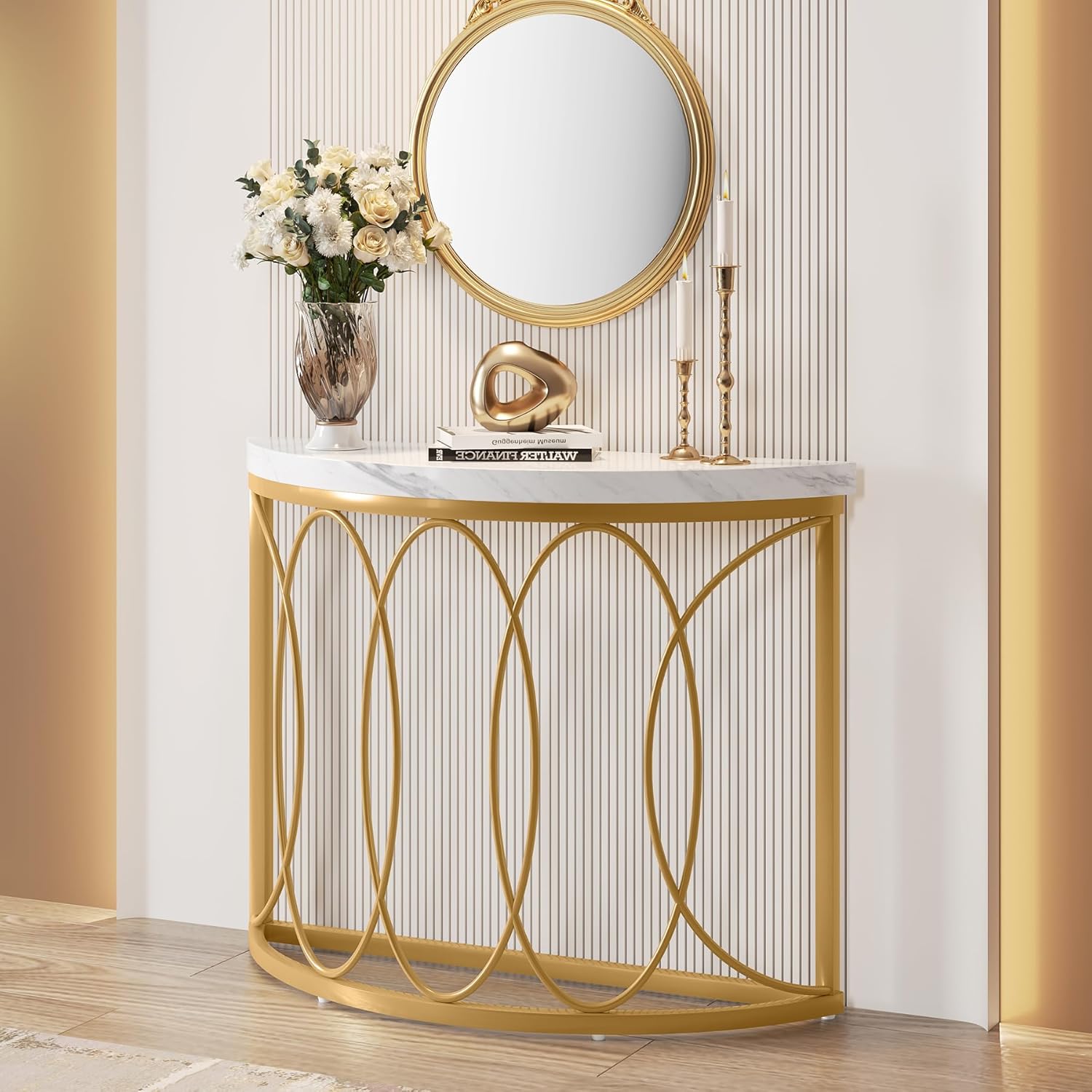 110 cm Gouden Consoletafel, Moderne Bijzettafel met Halvemaan Frame voor Woonkamer
