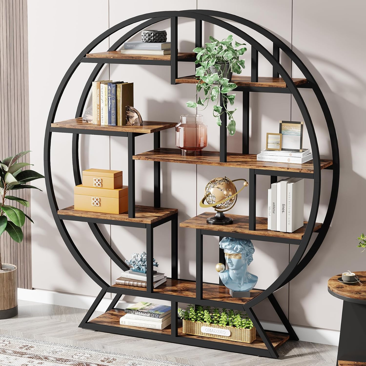 160 cm Ronde Boekenkast, Vijfplanken Opbergmeubel voor Kantoor en Woonkamer