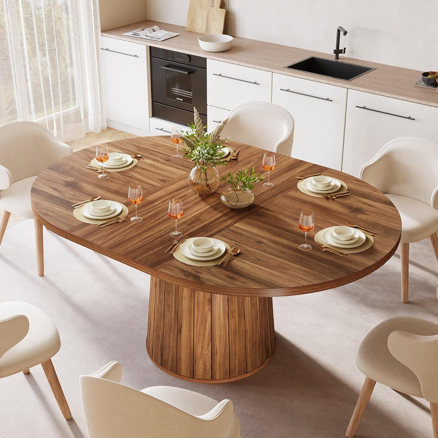 140 cm Ovale Eettafel voor 6 Personen, Boerderijstijl met Houten Blad en Cilindrische Basis in Bruin