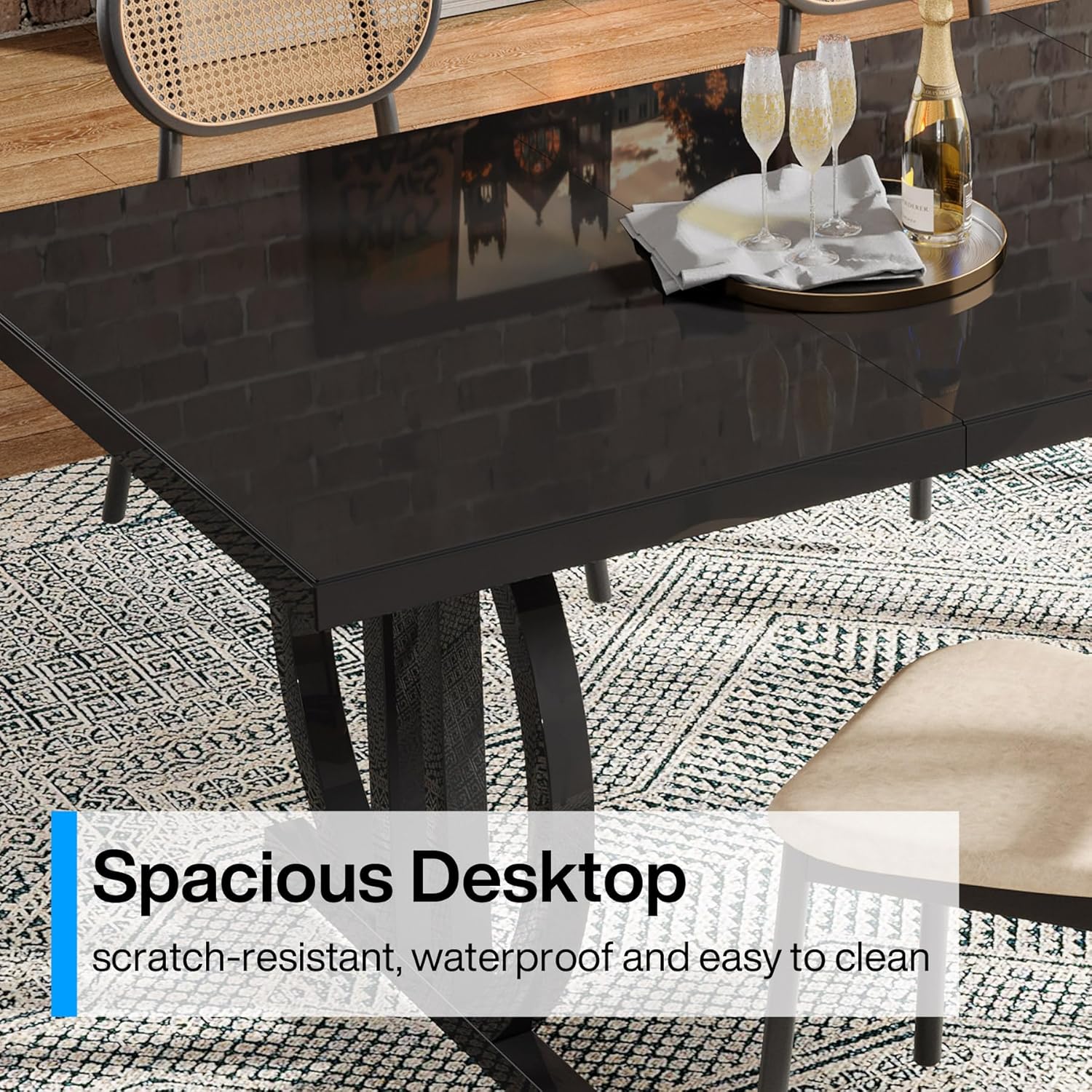 Zwarte Eettafel 160 cm met Metalen Frame, Industrieel Ontwerp voor 4-6 Personen