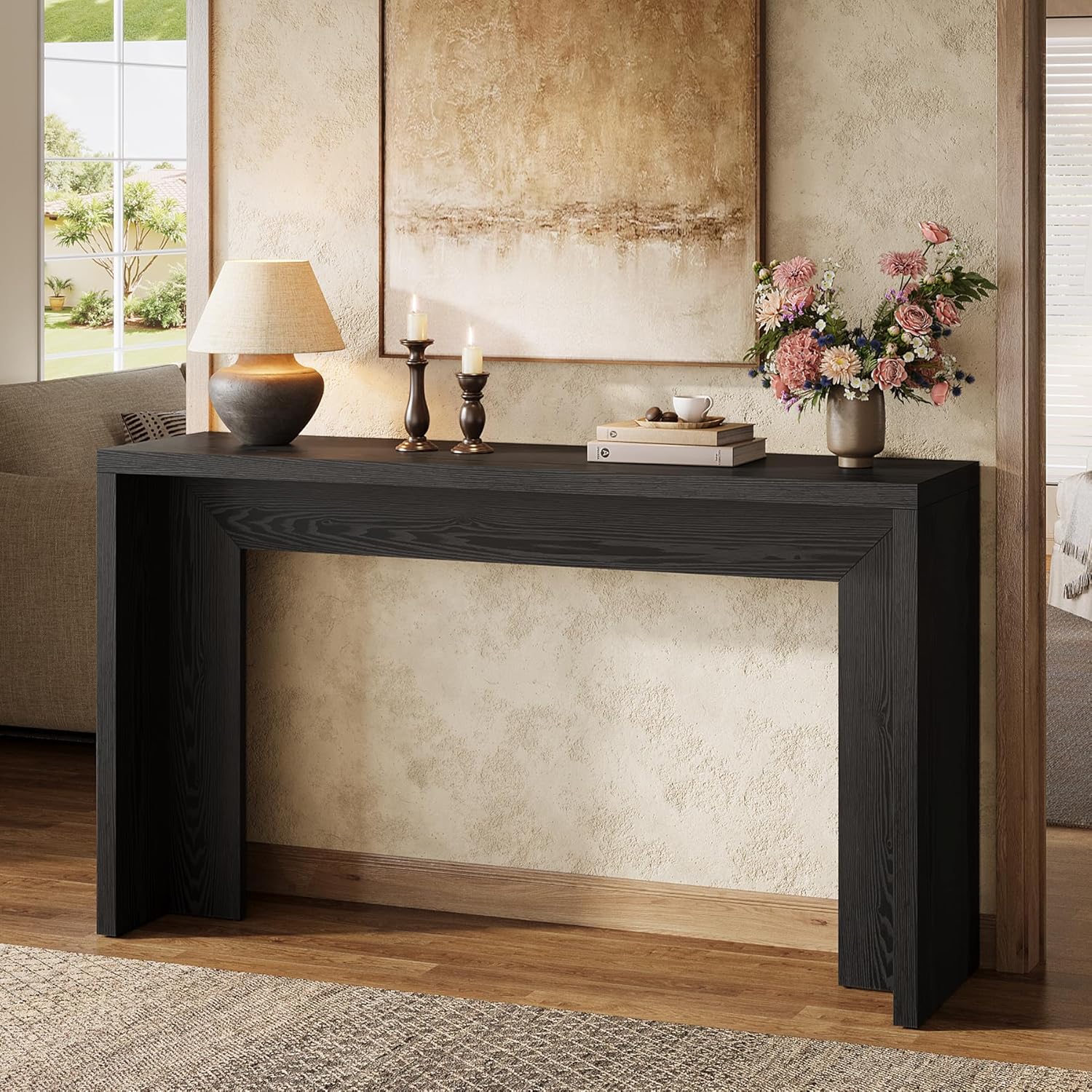 140 cm Farmhouse Console Tafel, Houten Banktafel met Opbergruimte Voor Woonkamer
