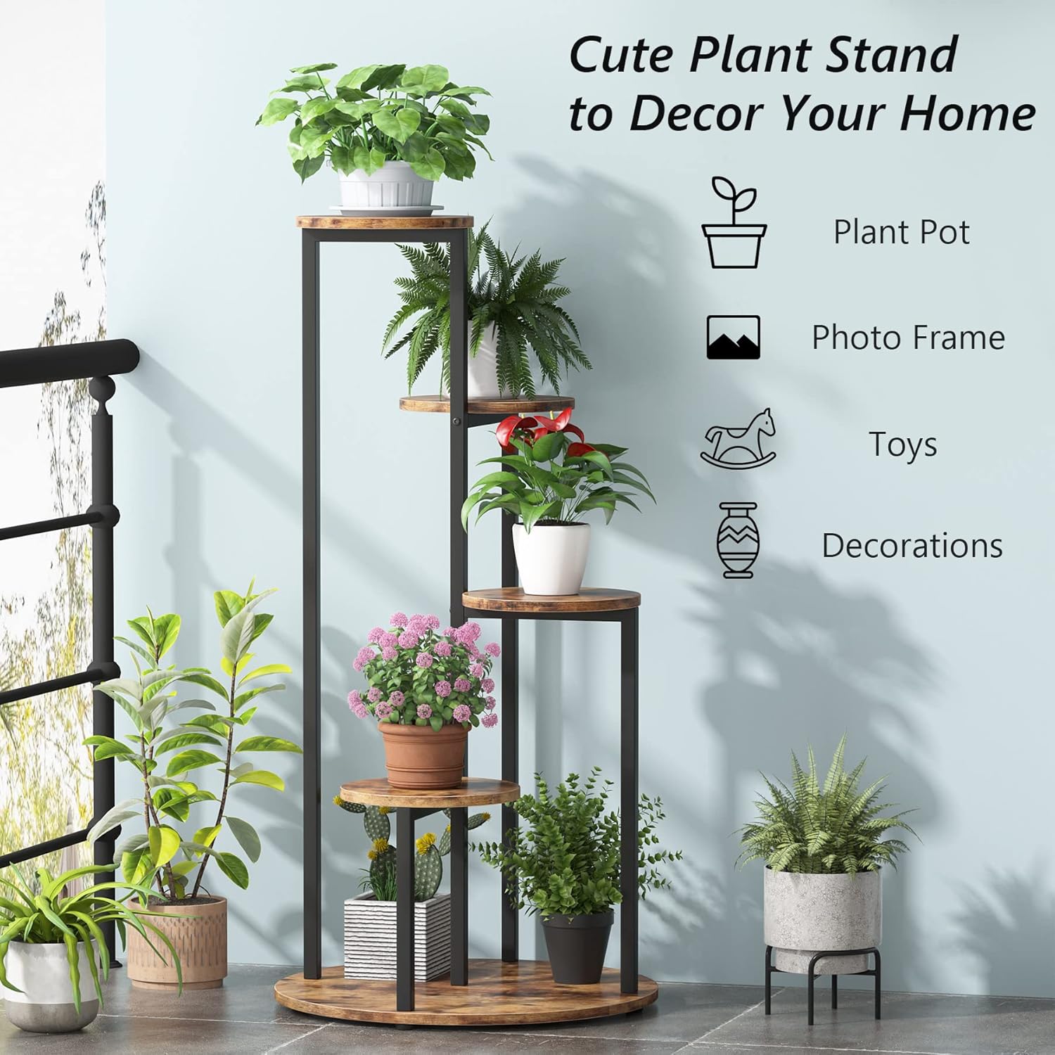 Vierlagen Plantenstandaard voor Binnen, Stevige Houten Planken met Metal Frame