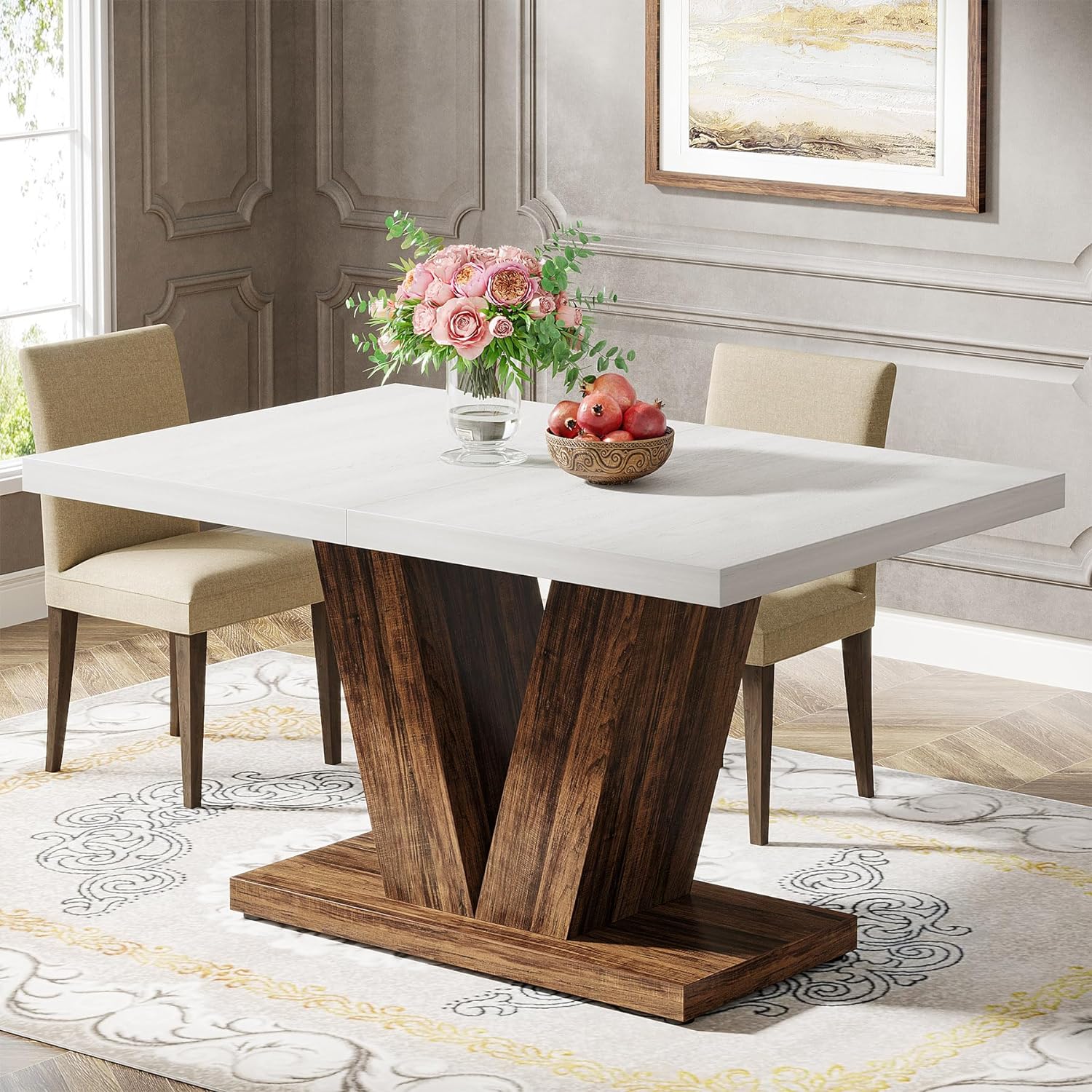 Witte Eettafel voor Vier Personen, 120 cm Landelijke Tafel met Zware Sokkel