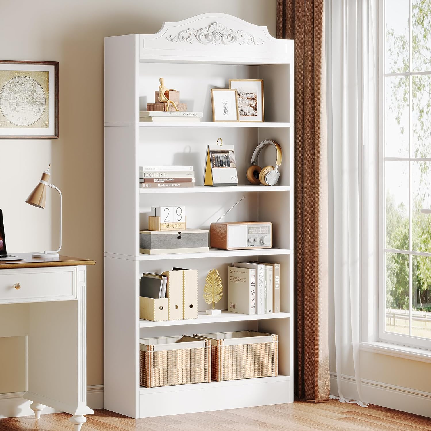 185 cm Tribesigns Boekenkast, Moderne Witte Boekenplank met Gebogen Ontwerp