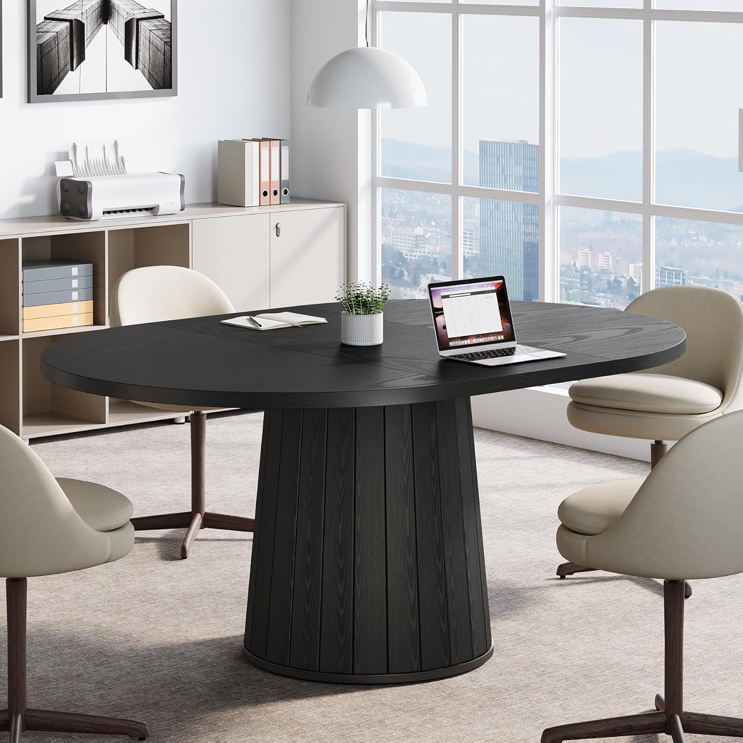 140 cm Ovale Vergadertafel voor 6 Personen, Houten Meetingtafel met Houten Onderstel voor Kantoor