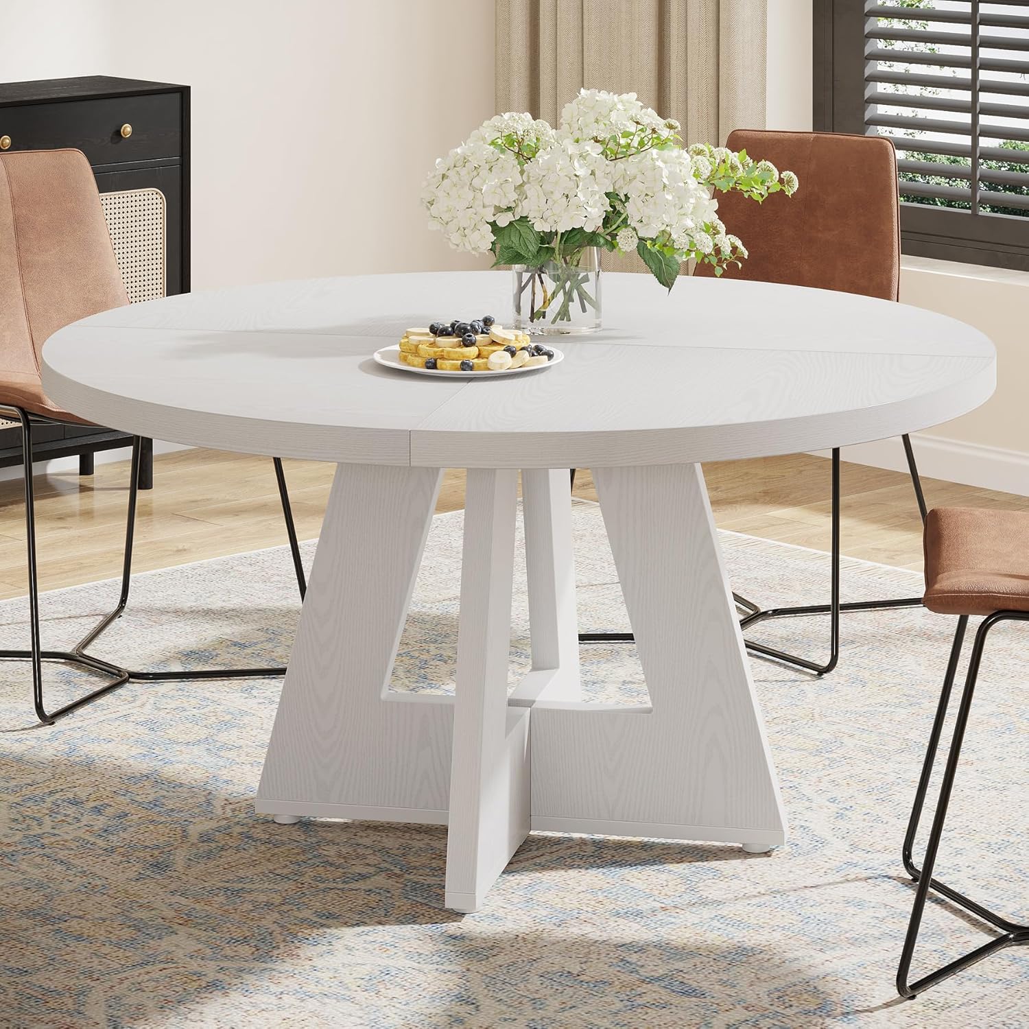 120 cm Ronde Boeren Eettafel, Bruin Houten Tafelblad voor 4 Personen in Keuken of Woonkamer