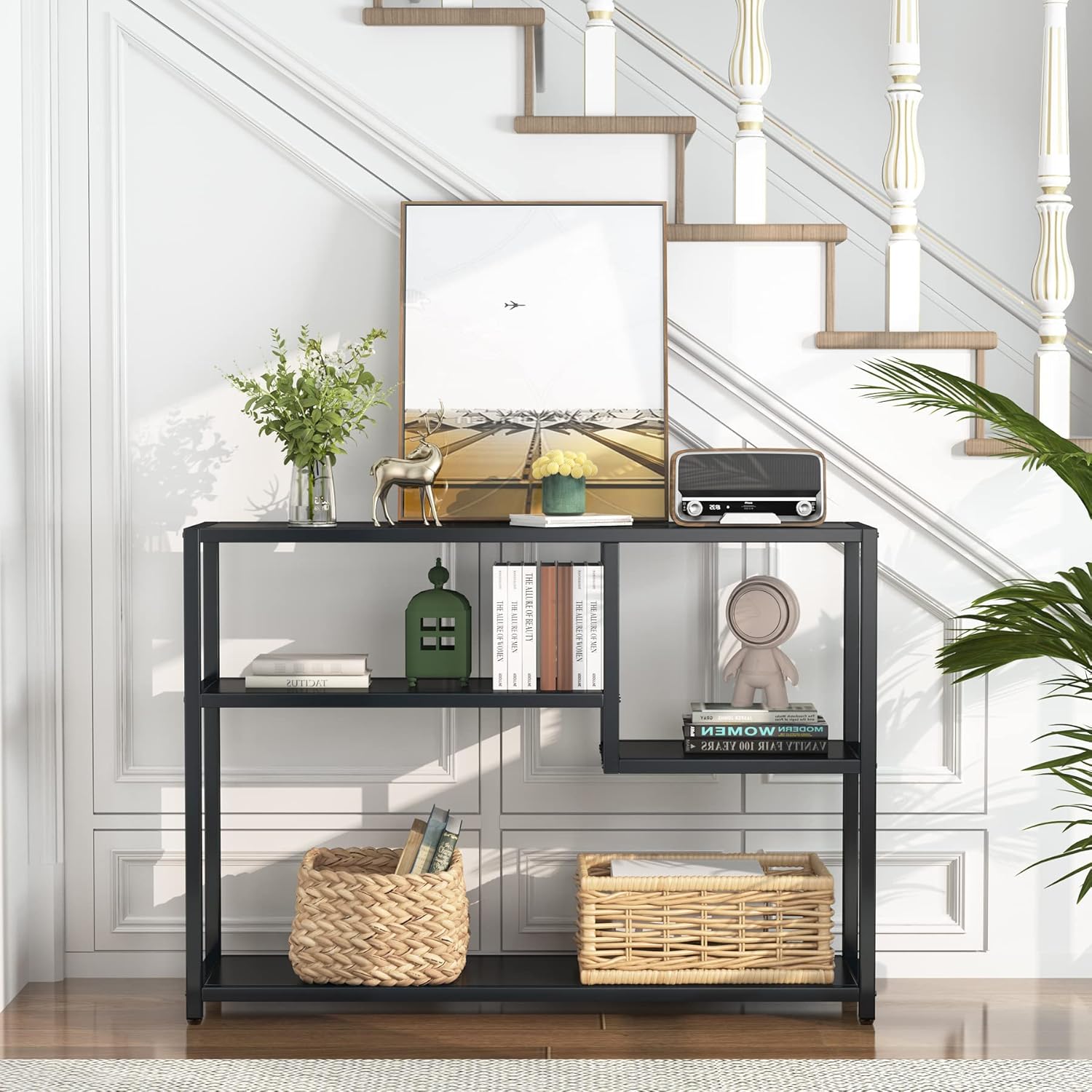 108 cm Consoletafel met Opbergvakken, Zwarte Bijzettafel Voor Entreehal en Woonkamer