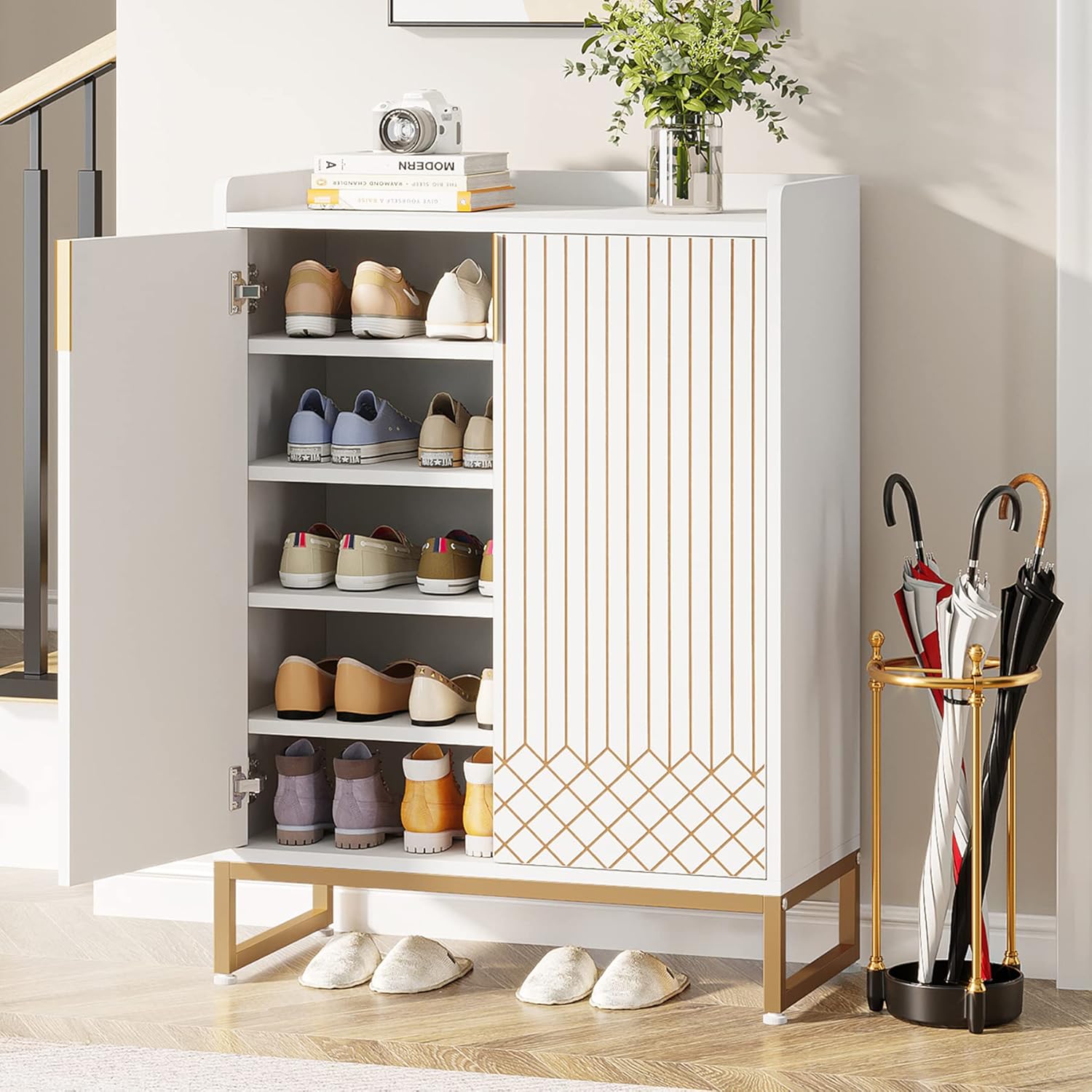 75x35x105 cm moderne schoenenkast, met 2 deuren en 5 laden voor een opgeruimde entree of slaapkamer