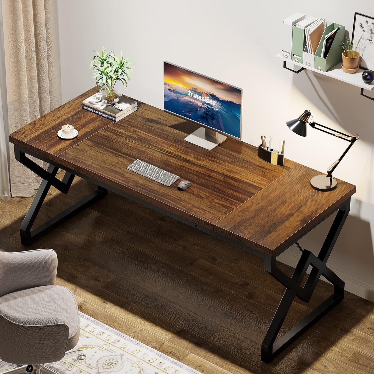 160x70 cm Computertafel, Extra Dik Houten Blad en Metalen Onderstel