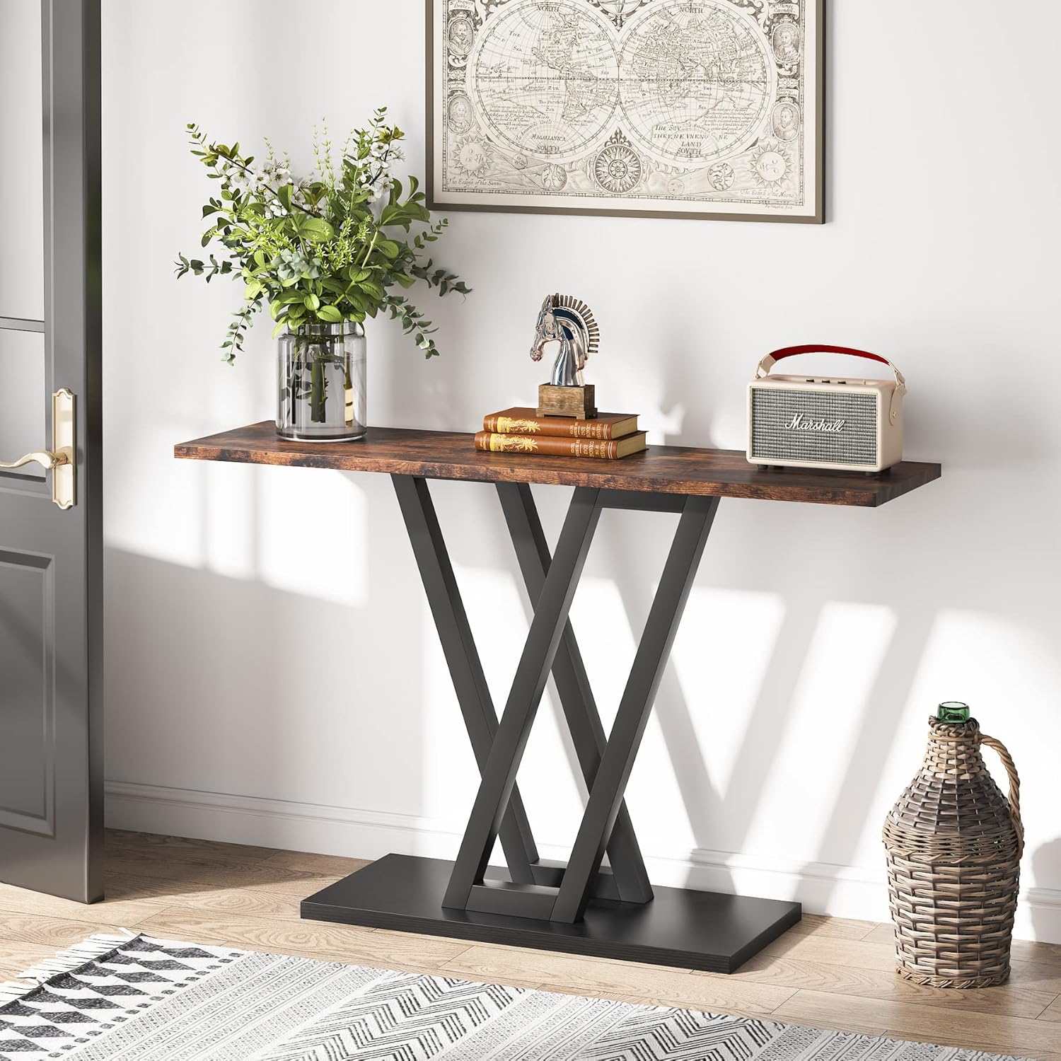 110 cm Industriële Console, Smalle Entréetafel met Stabiel Metalen Frame in Bruin
