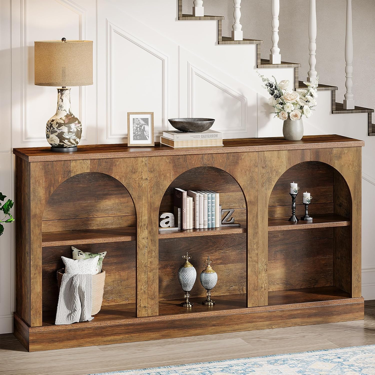 160 cm Boerderij Console, Lange Houten Tafel met Drie Planken voor Hal en Woonkamer
