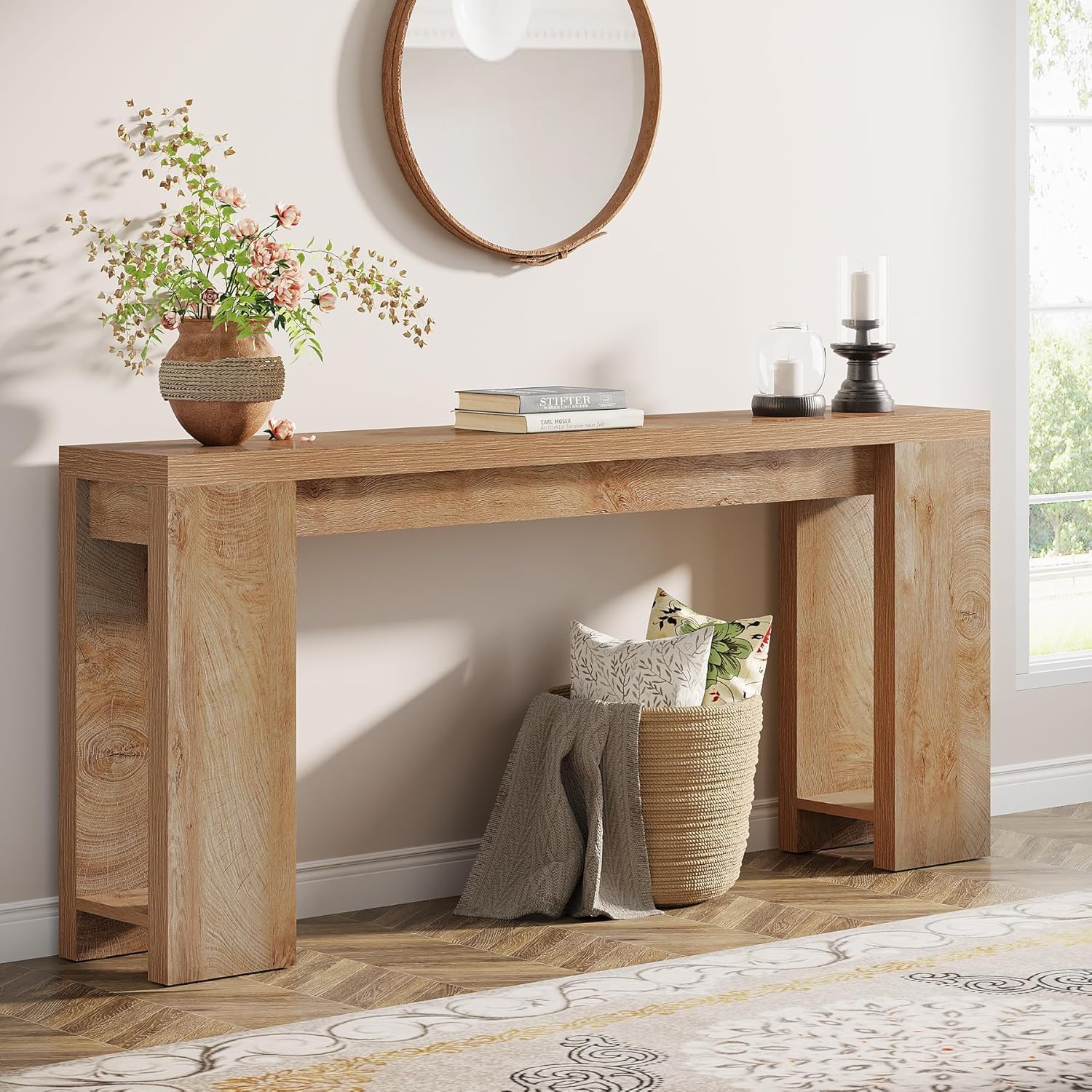 160 cm Smalle Consoletafel, Landelijke Houten Bijzettafel in Licht Eiken Voor Kleine Ruimtes