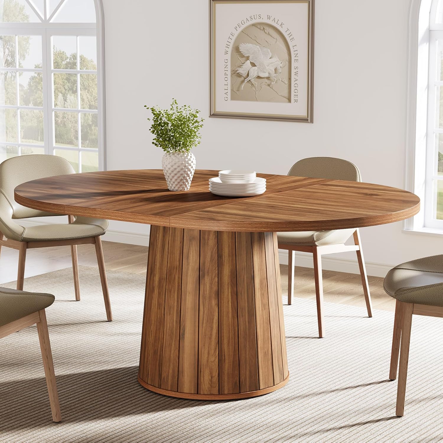 140 cm Ovale Eettafel voor 6 Personen, Boerderijstijl met Houten Blad en Cilindrische Basis in Bruin