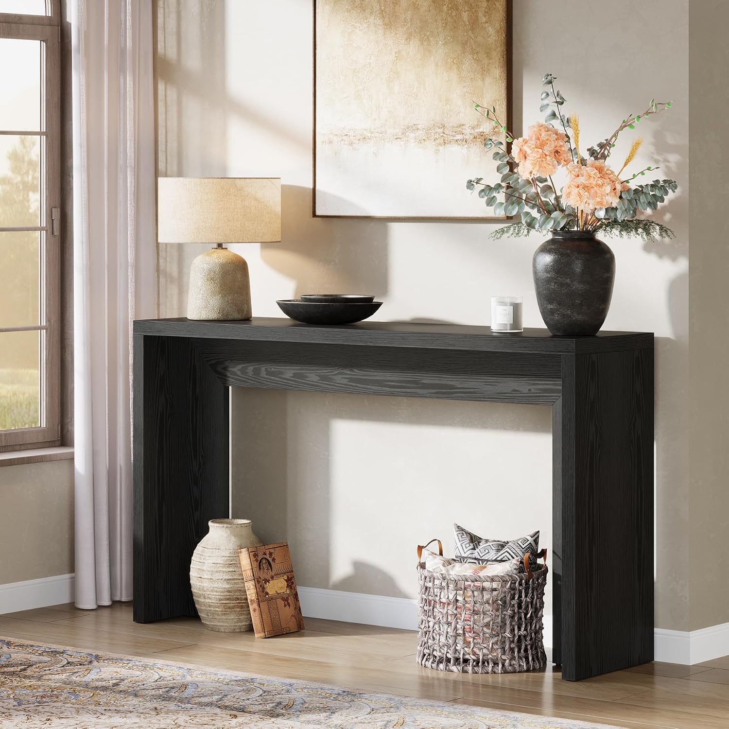 140 cm Farmhouse Console Tafel, Houten Banktafel met Opbergruimte Voor Woonkamer