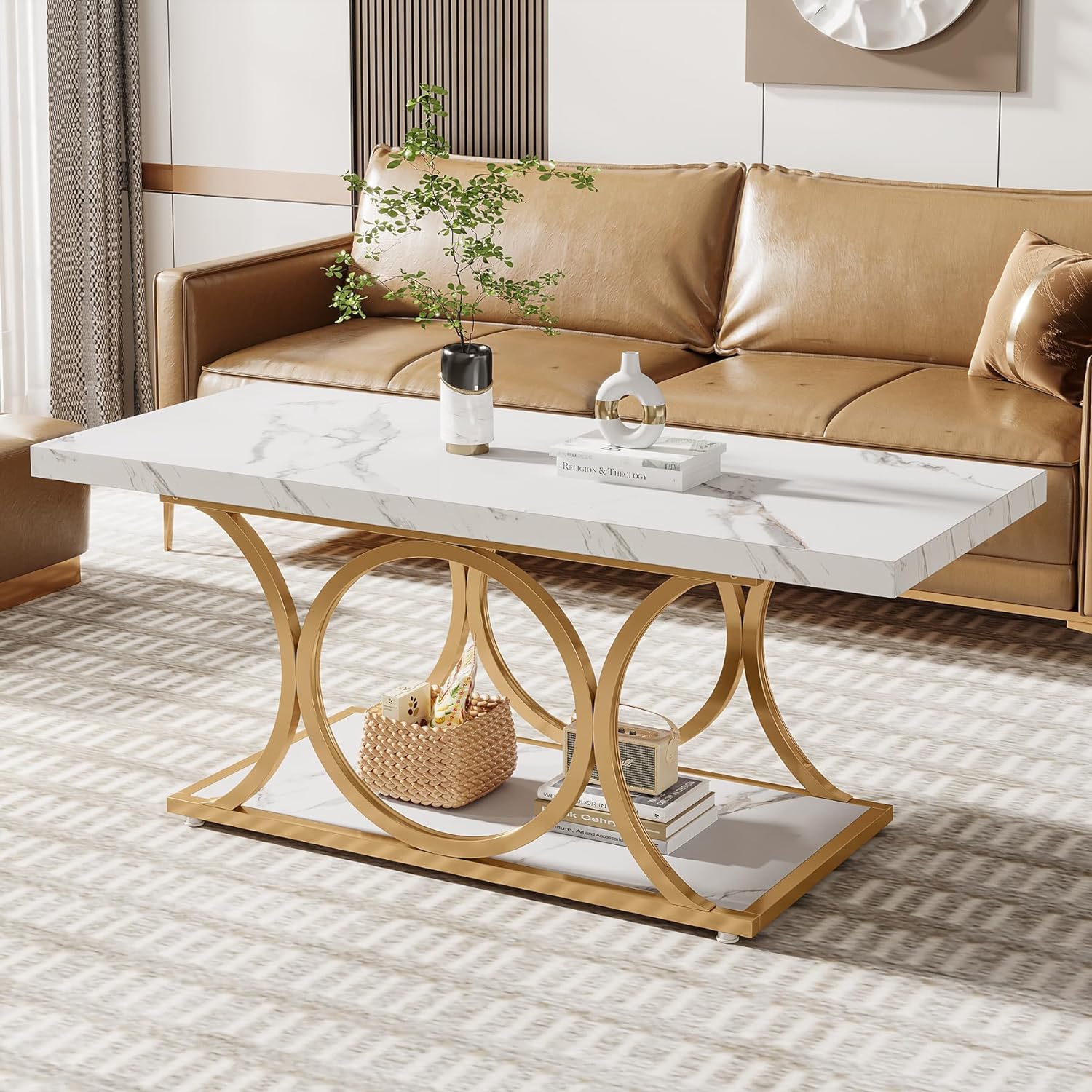 120 cm Moderne Salontafel met Marmer Look, Witte & Gouden Tafels met Opbergplank en Geometrische Poten