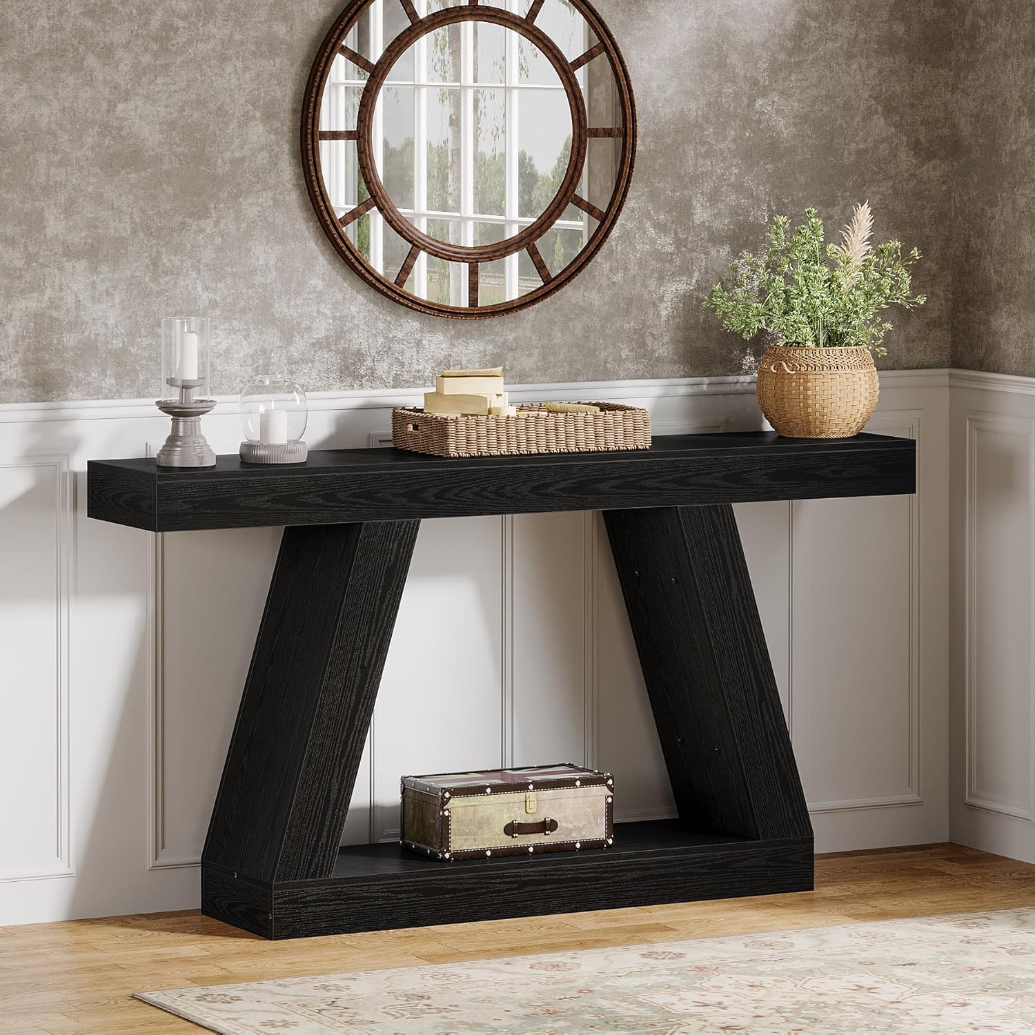 140 cm Landelijke Consoletafel, Industriële Houten Opbergtafel voor Hal en Woonkamer